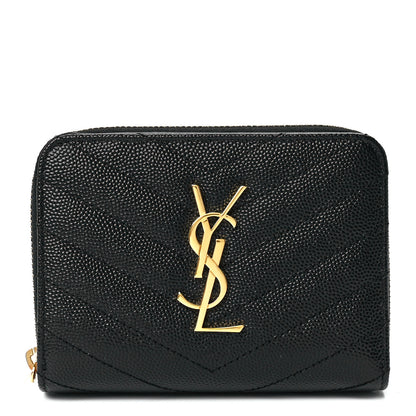 Saint Laurent Grain De Poudre Matelasse Chevron Monogram Compact Zip Around Wallet Black 1 of 12