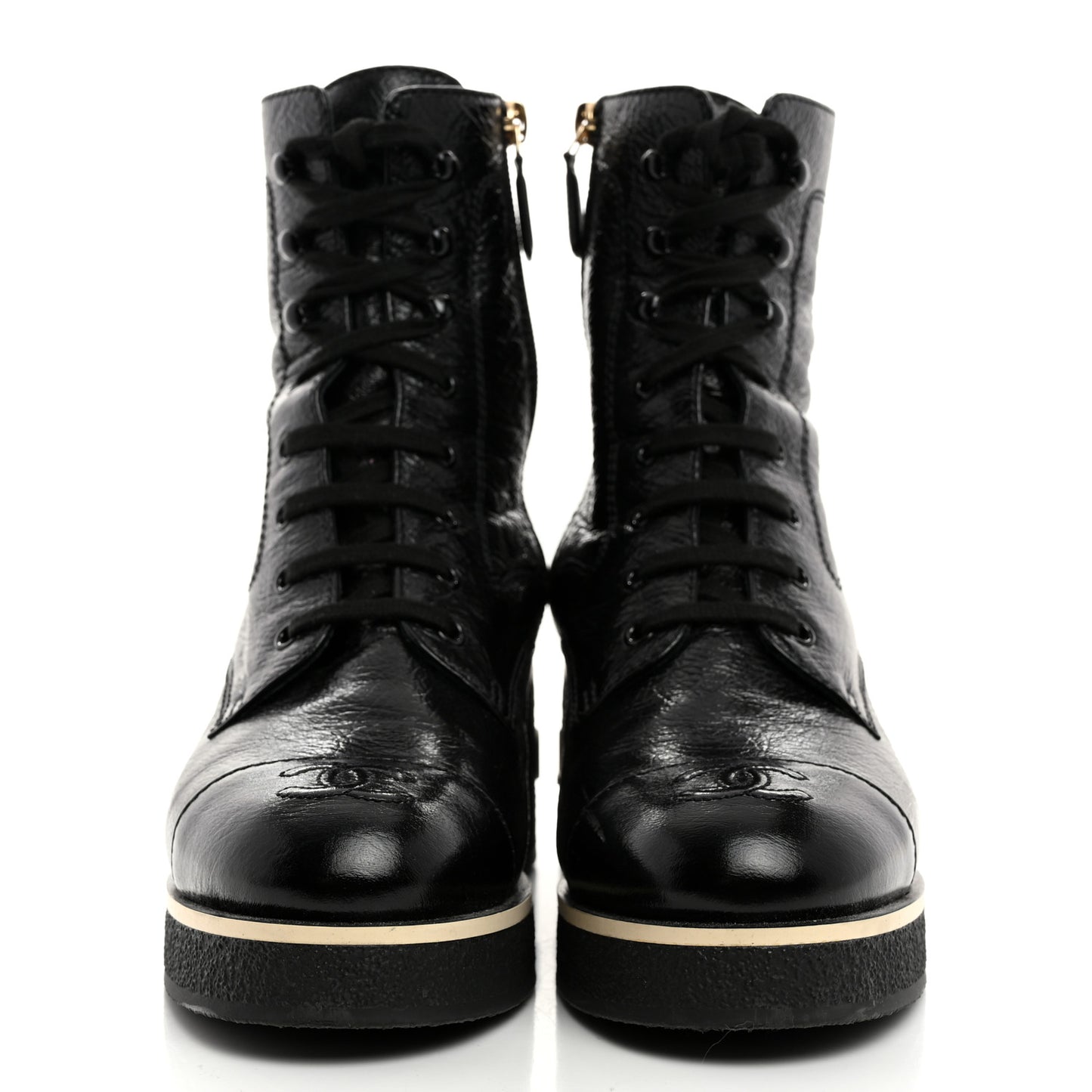 Shiny Crumpled Lambskin Lace Up Combat Boots 40 Black