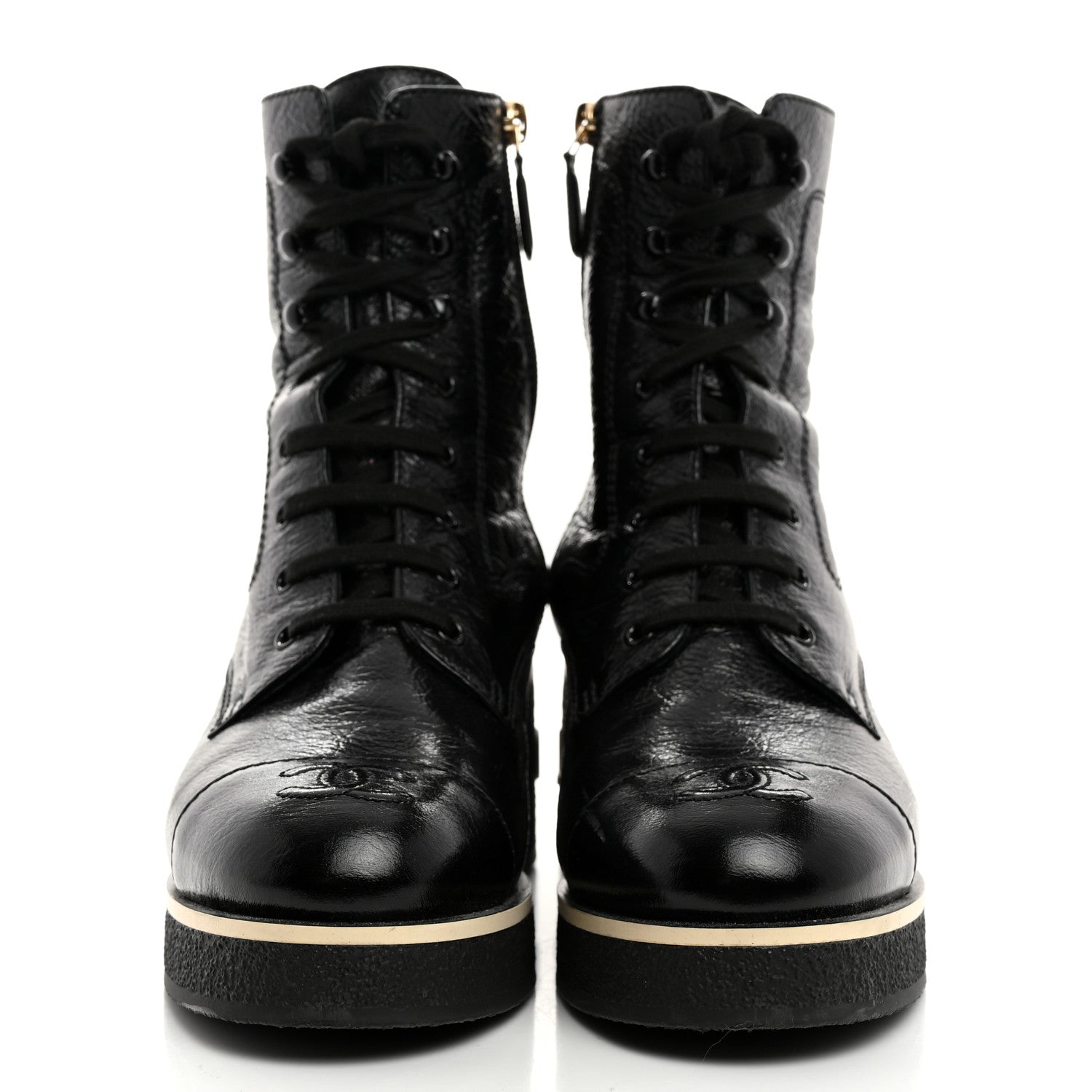 Chanel Shiny Crumpled Lambskin Lace Up Combat Boots 40 Black 2 of 9