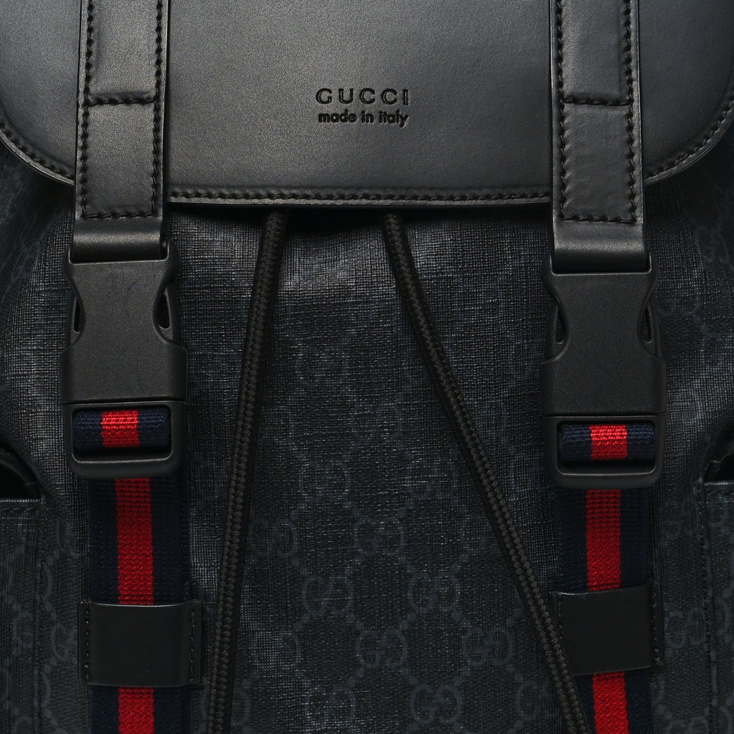 Soft GG Supreme Monogram Calfskin Web Double Buckle Backpack Black