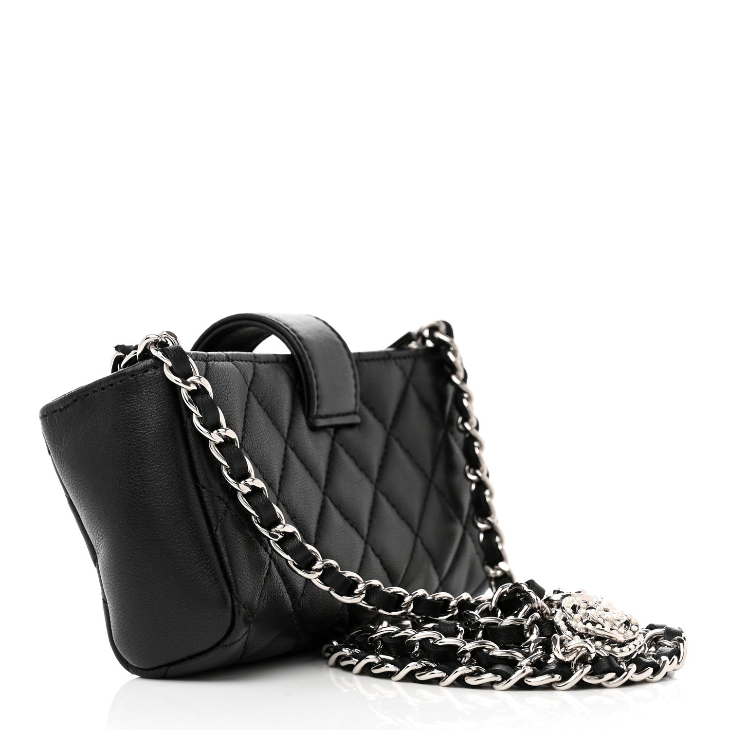 Chanel Lambskin Quilted Crystal Valentine Charms Mini Phone Holder Crossbody Bag Black 3 of 10