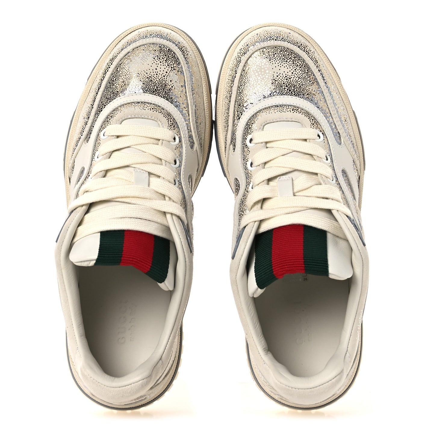 Glitter Kid Scamosciato Nappa Womens Re-Web Sneakers  37.5  White Gold Silver