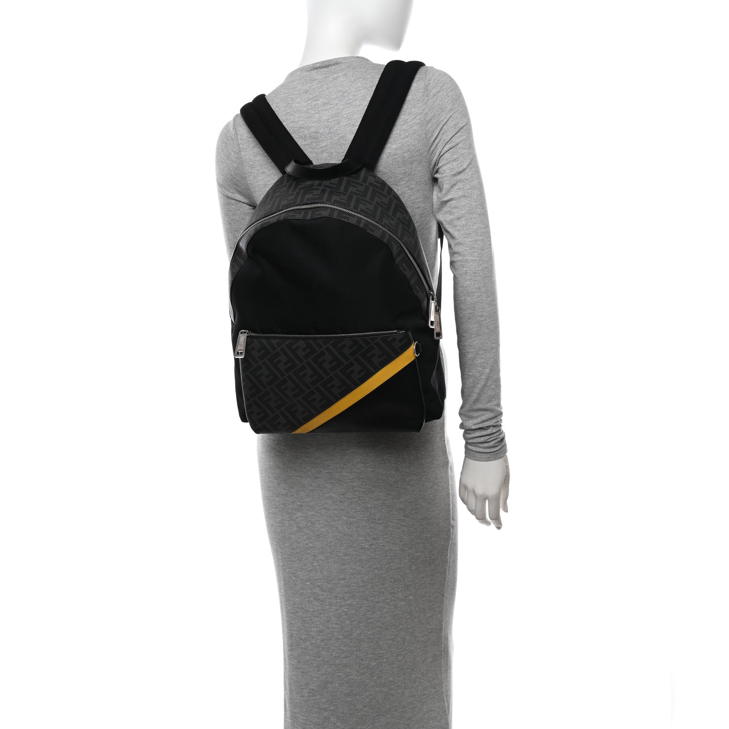 Fendi Glazed Fabric Nylon FF 1974 Diagonal Pouch Pocket Backpack Black Sunflower 2 of 12