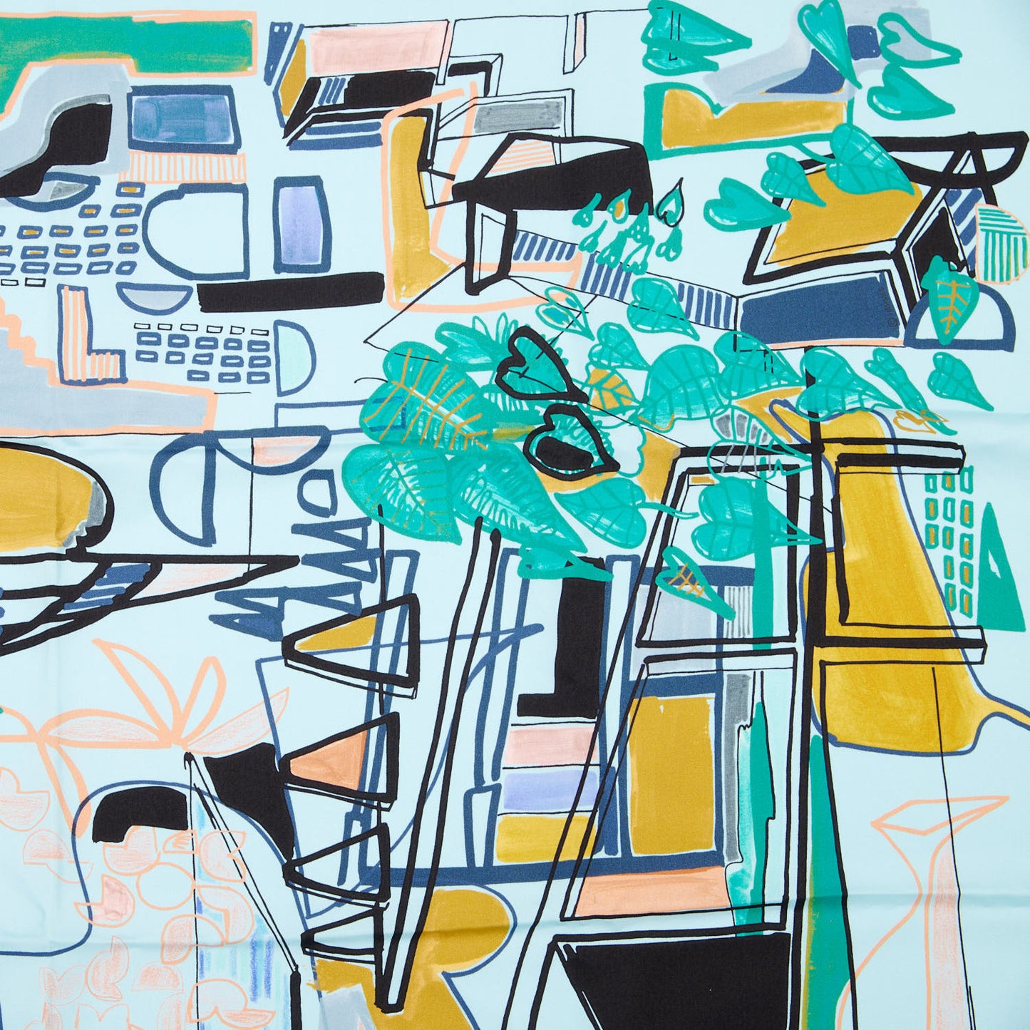 Silk Modernisme Tropical Scarf 90 Aqua Vert Ocre