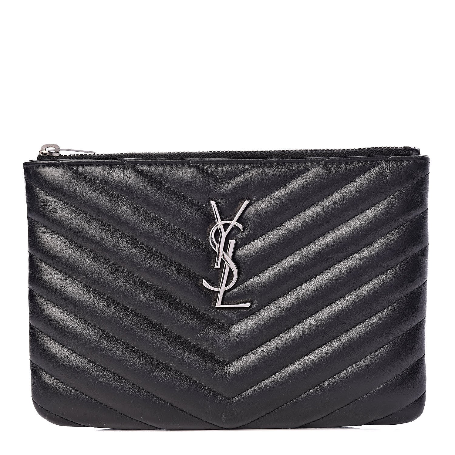 Saint Laurent Calfskin Matelasse Chevron Monogram Pouch Black 1 of 9