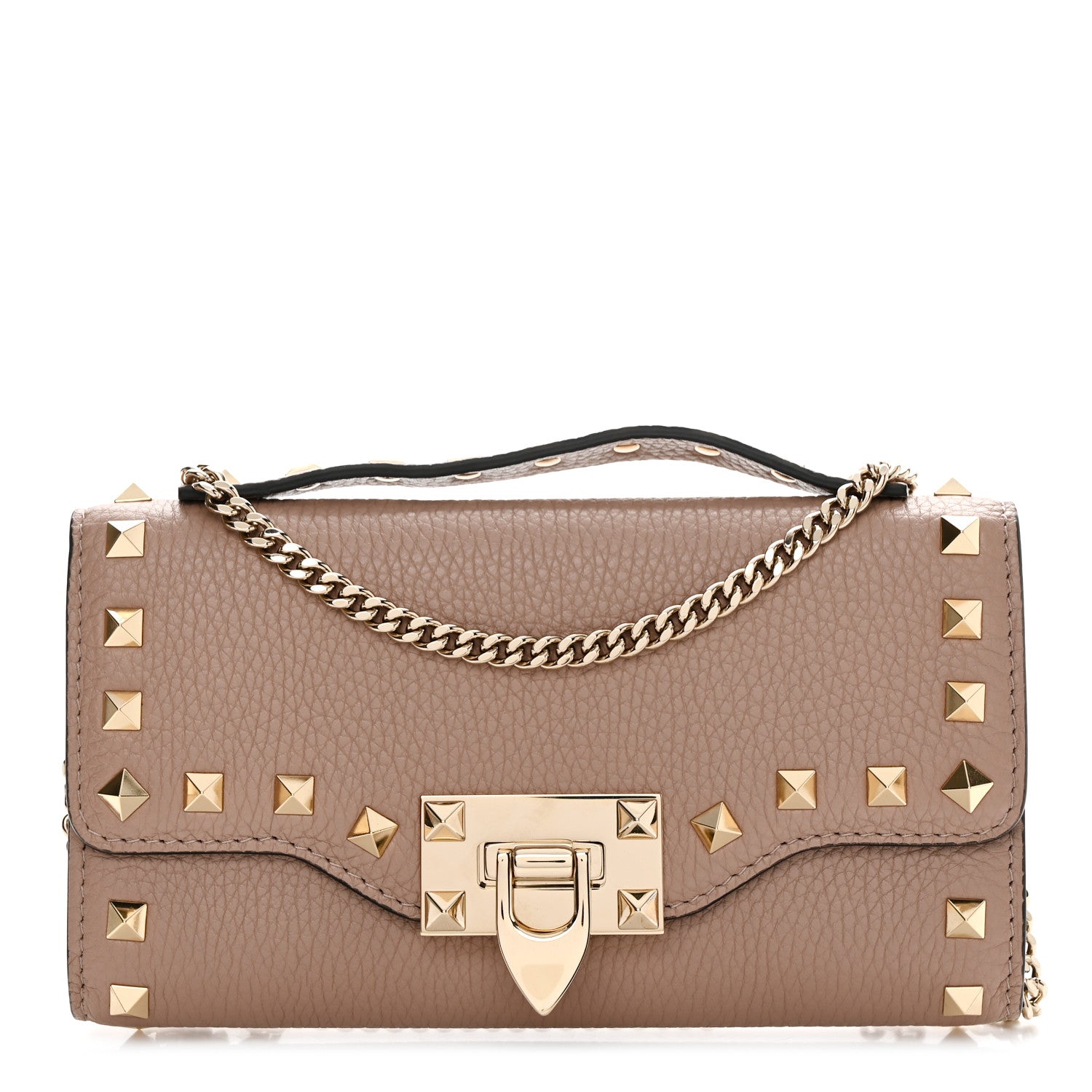 Valentino Garavani Pebbled Calfskin Rockstud Flip Lock Wallet On Chain Poudre 1 of 10