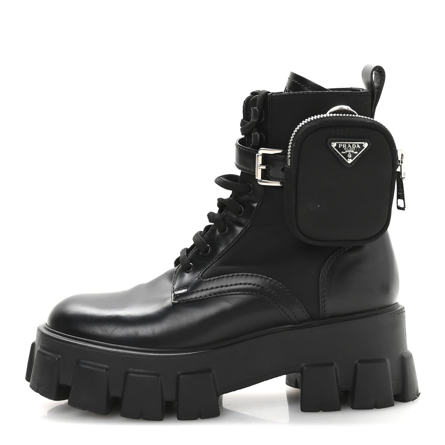 Prada Spazzolato Rois Nylon Metal Triangle Logo Monolith Pouch Pocket 55mm Boots 38 Black 1 of 7