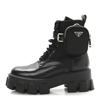 Prada Spazzolato Rois Nylon Metal Triangle Logo Monolith Pouch Pocket 55mm Boots 38 Black 1 of 7