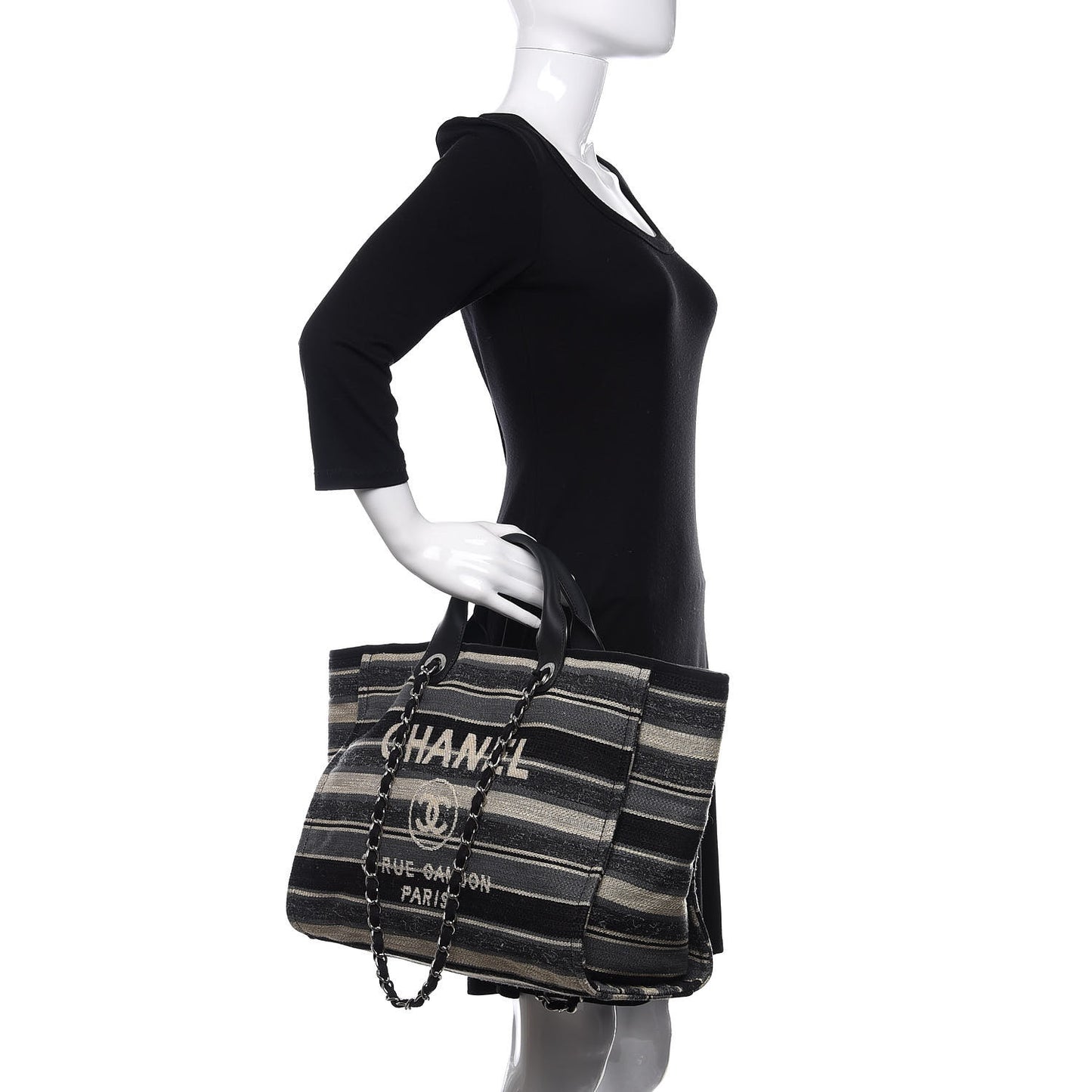 Striped Canvas Medium Deauville Tote Black