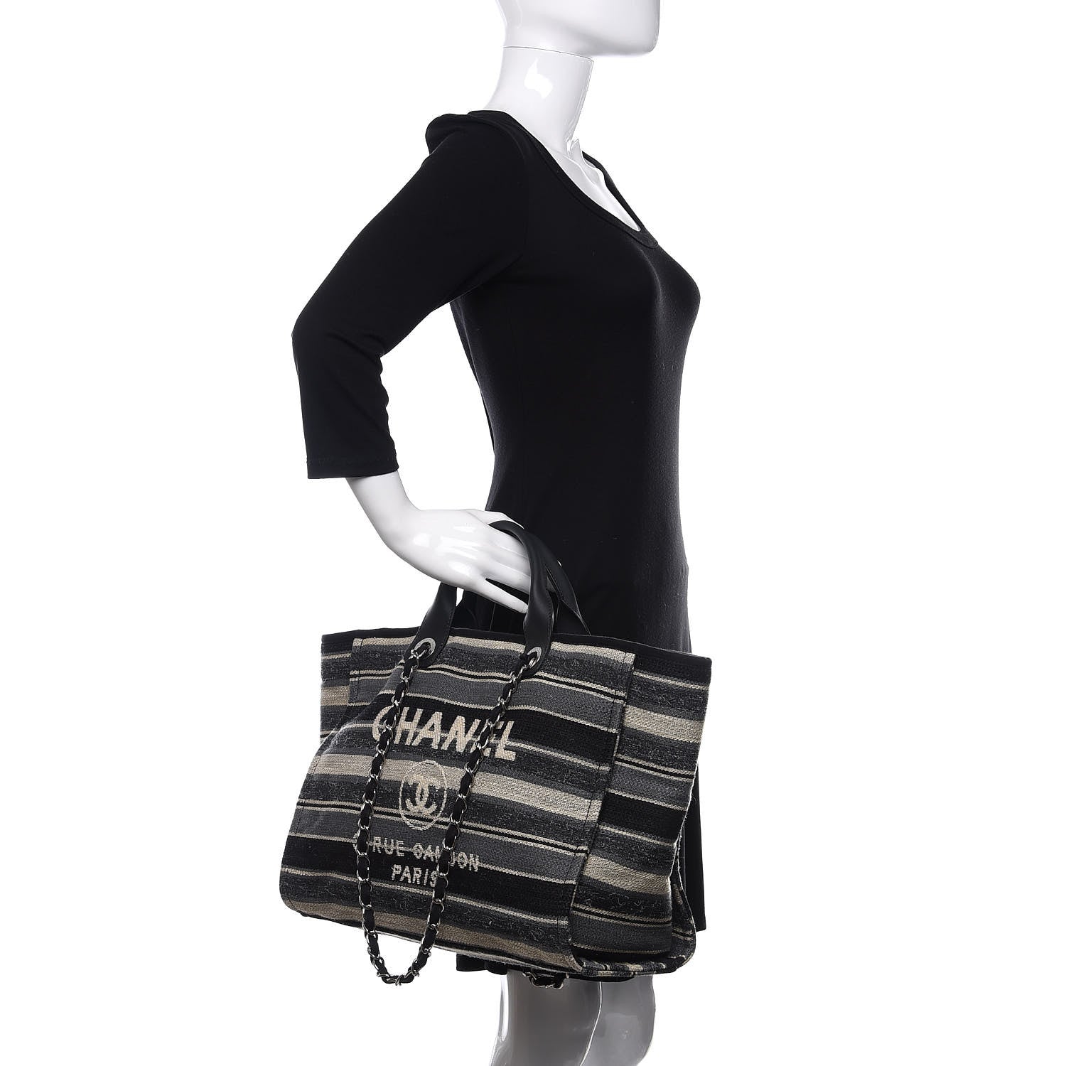 Chanel Striped Canvas Medium Deauville Tote Black 3 of 11