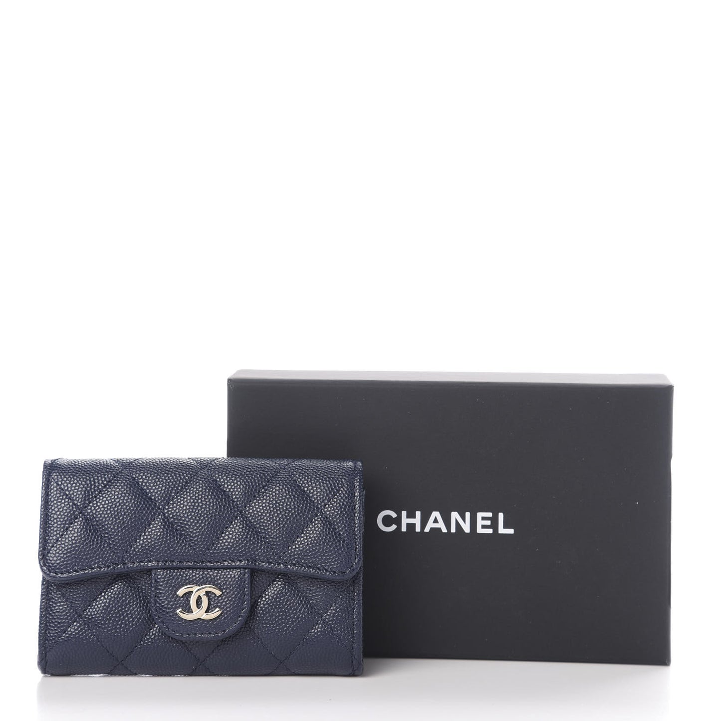 Caviar Quilted Flap Card Holder Wallet Navy Blue