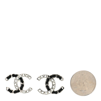 Chanel Crystal Baguette Lambskin Chain CC Vintage Allure Stud Earrings Black Silver 2 of 5