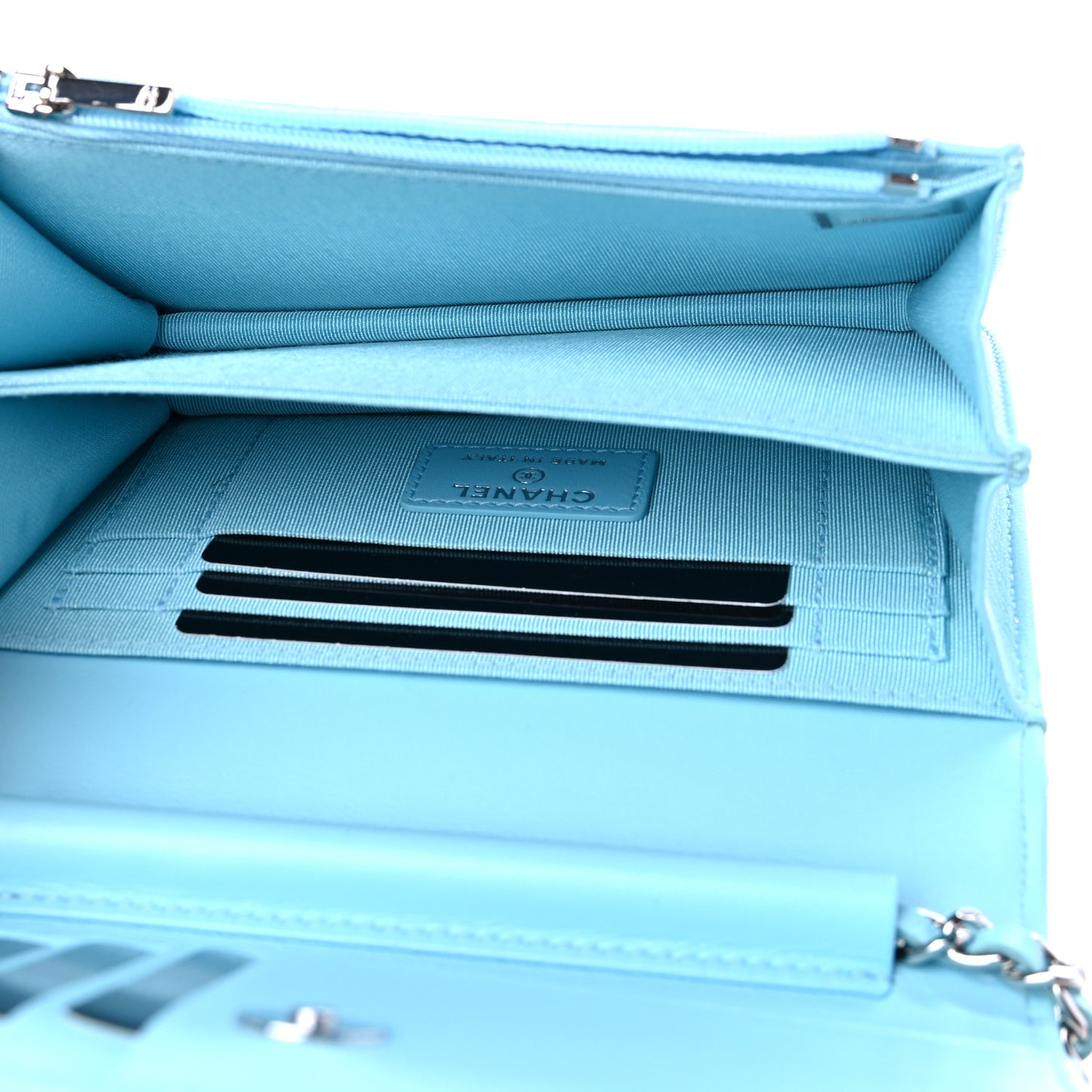 Lambskin Quilted Mini Wallet On Chain WOC Light Blue