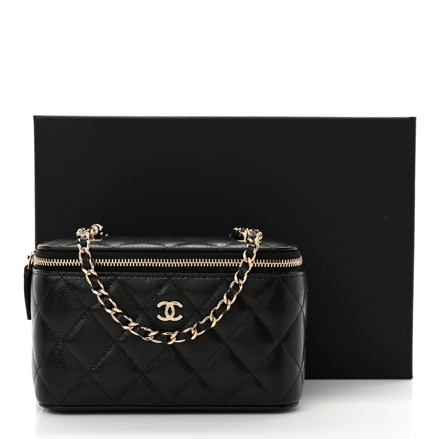 Caviar Quilted Small Vanity Case With Chain Black