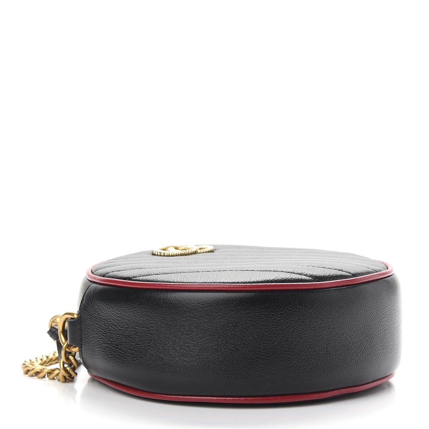 Vintage Effect Calfskin Matelasse Diagonal Mini Torchon GG Marmont Round Shoulder Bag Black Romantic Cherry