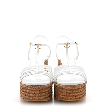 Chanel Patent Cork CC Ankle Strap Platform Sandals 38 White 3 of 10