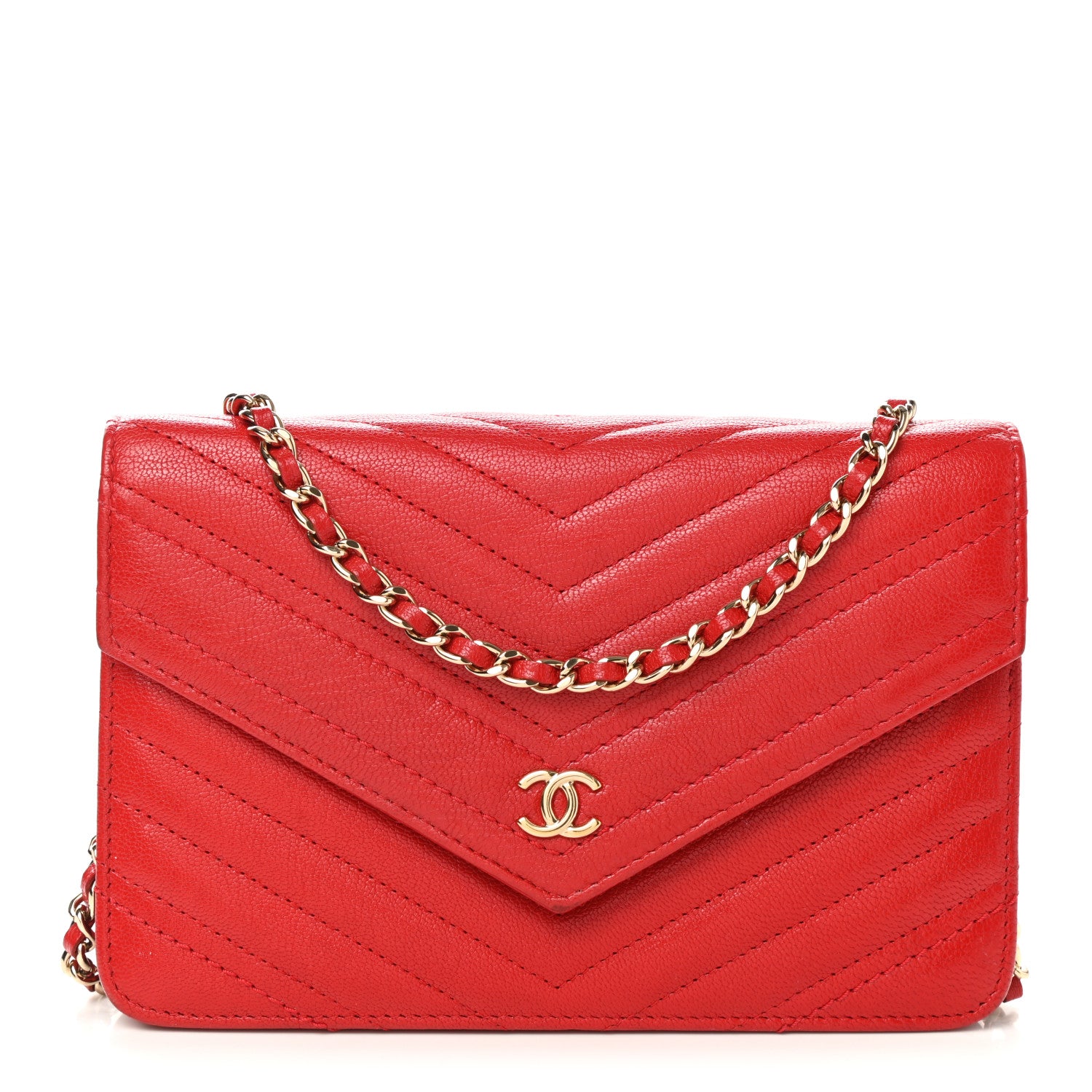 Chanel Goatskin Chevron Quilted Statement Wallet On Chain WOC Red 1 of 11