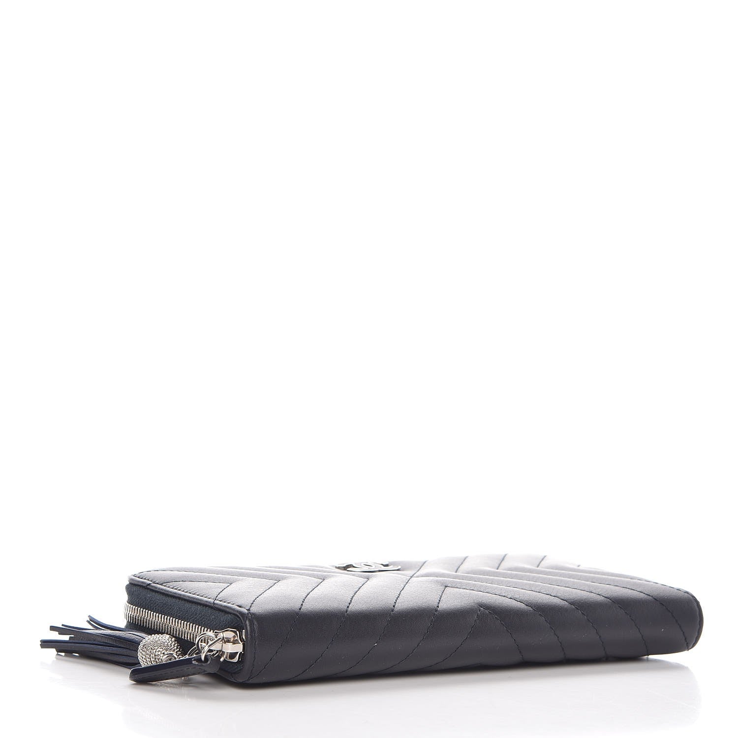 Chanel Calfskin Chevron Quilted Zip Around Tassel Wallet Navy 4 of 9