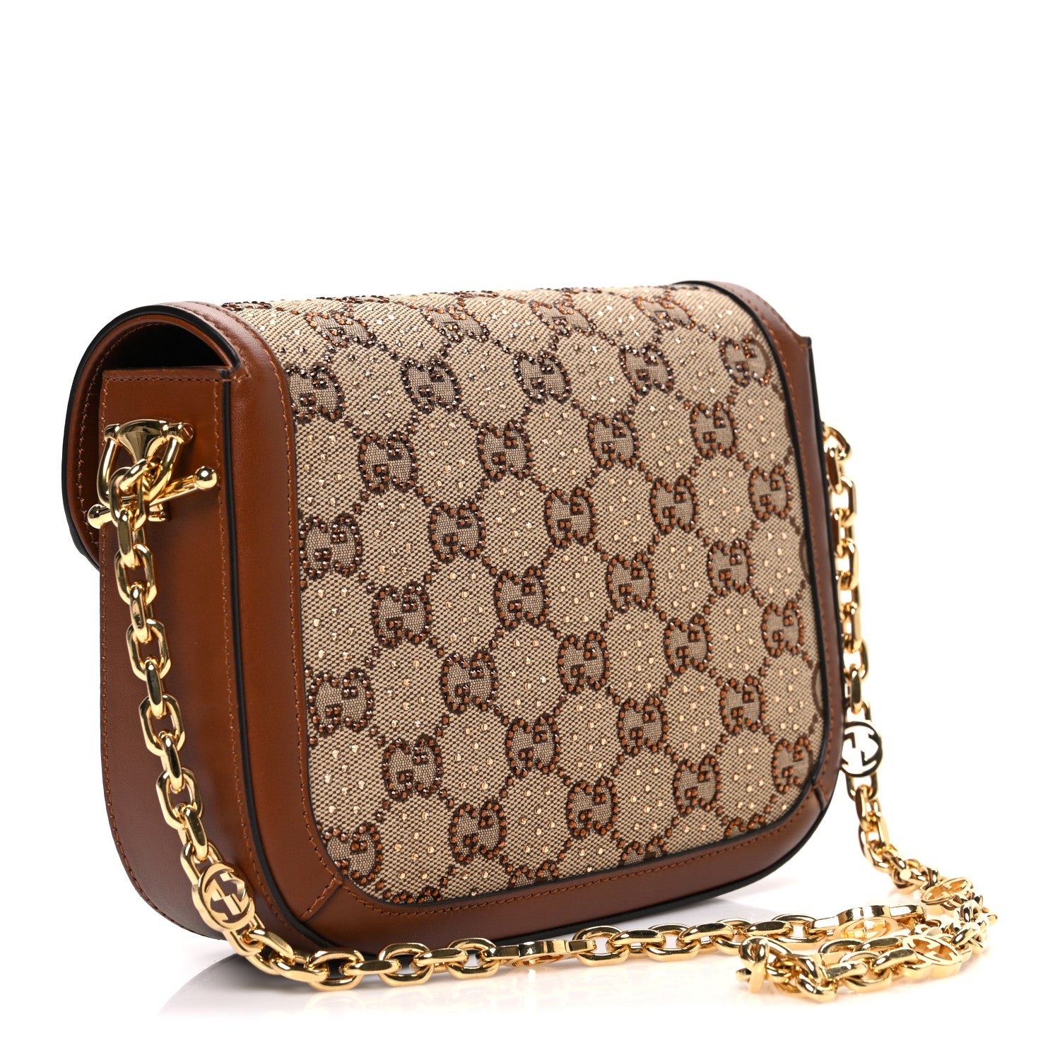 Gucci New Canvas Charisma Calfskin Crystal GG Monogram Mini Horsebit 1955 Shoulder Bag Camel Ebony 3 of 10