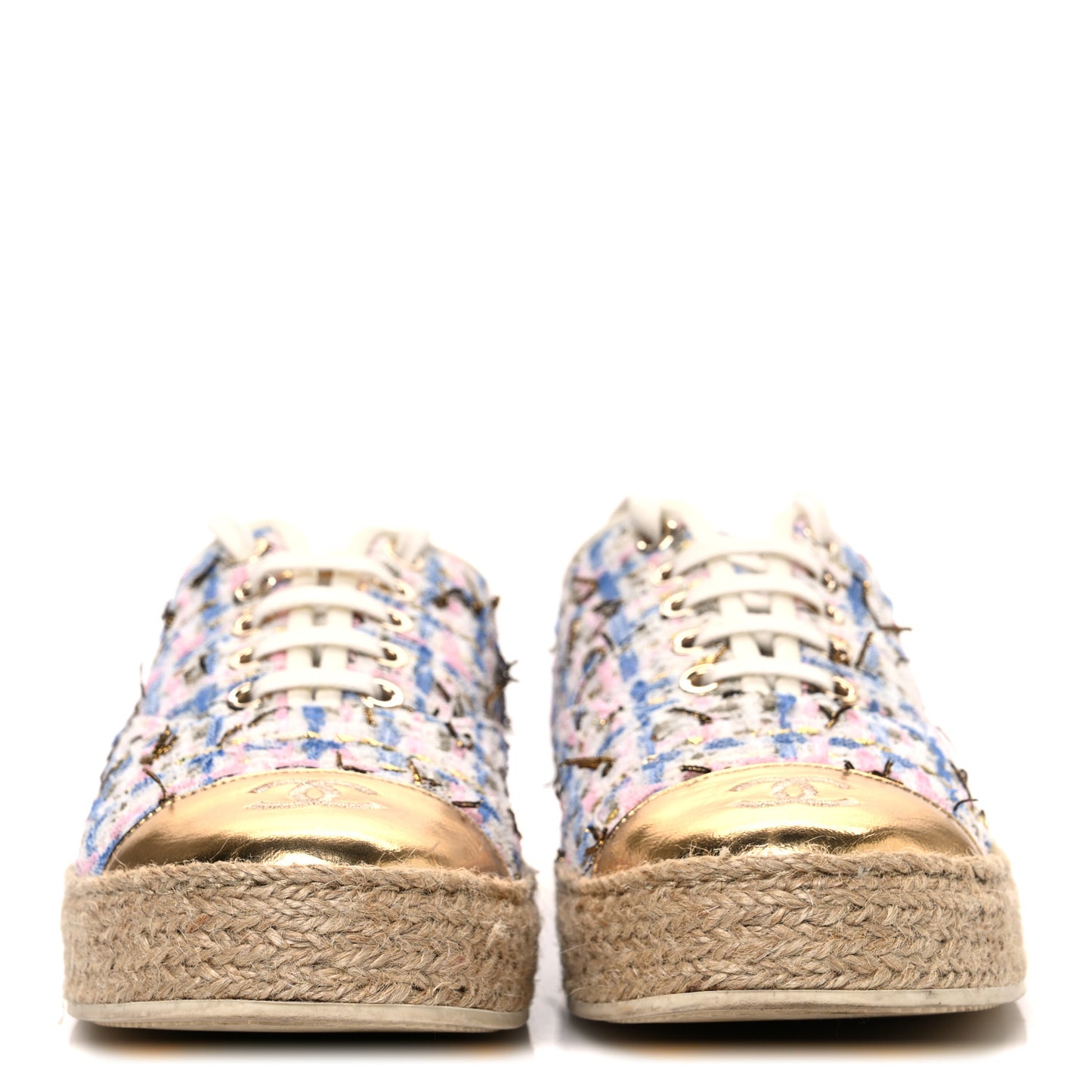 Tweed Laminated Lambskin Lace Up Espadrilles 39 Pink Blue Gold White