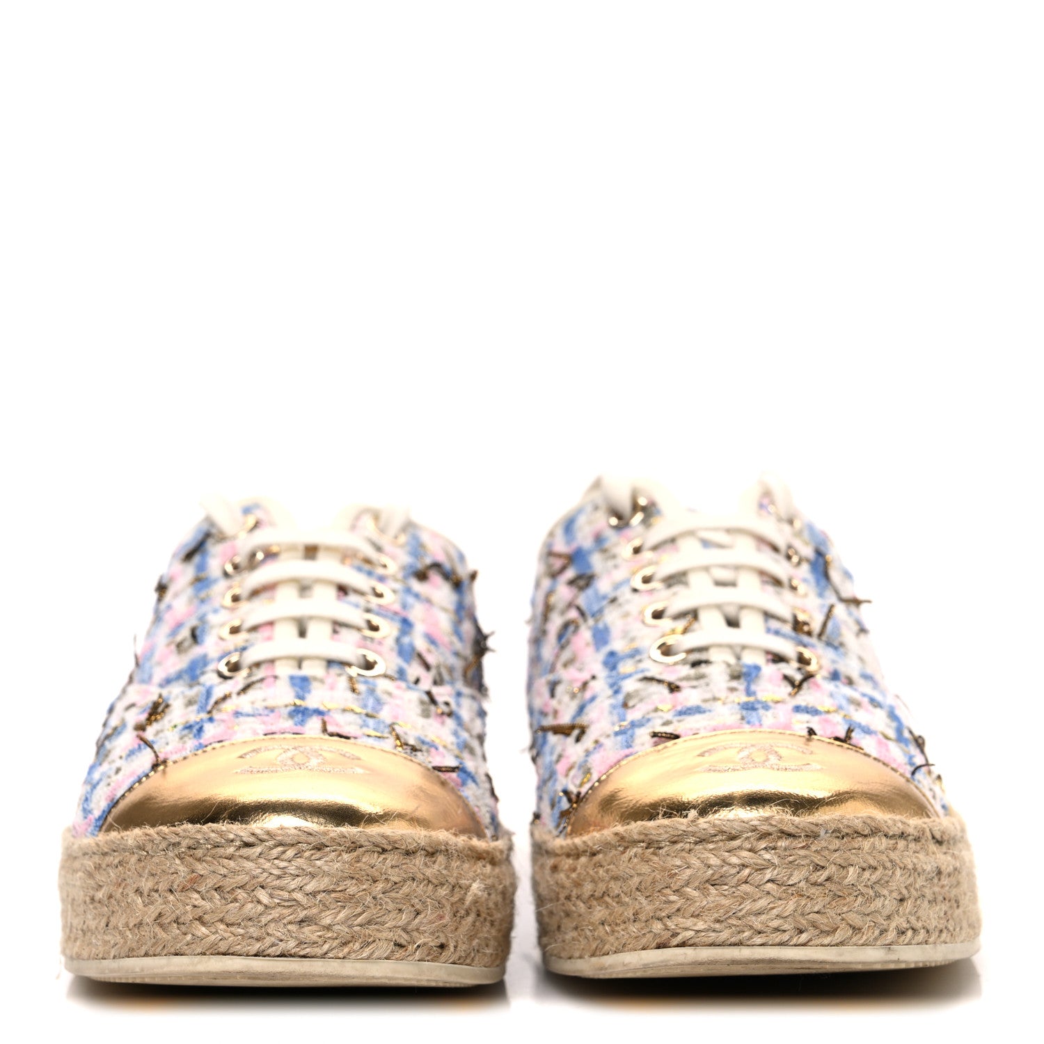 Chanel Tweed Laminated Lambskin Lace Up Espadrilles 39 Pink Blue Gold White 3 of 11