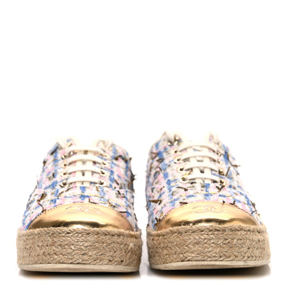 Chanel Tweed Laminated Lambskin Lace Up Espadrilles 39 Pink Blue Gold White 3 of 11