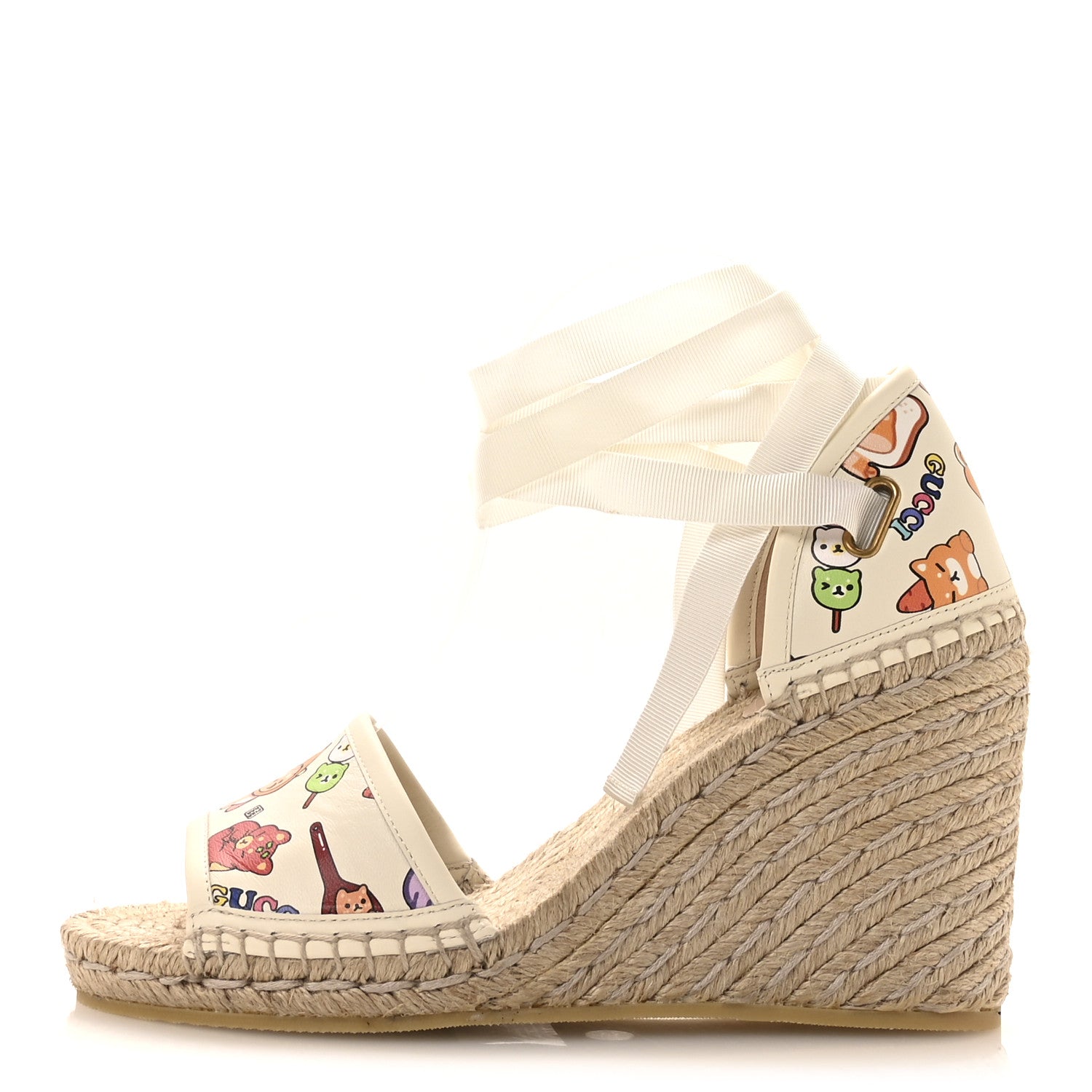Gucci Miro Soft Calfskin Printed Ankle Wrap Platform Espadrille Wedge Sandals 38 Ivory Sushi 38 Ivory Sushi 1 of 9