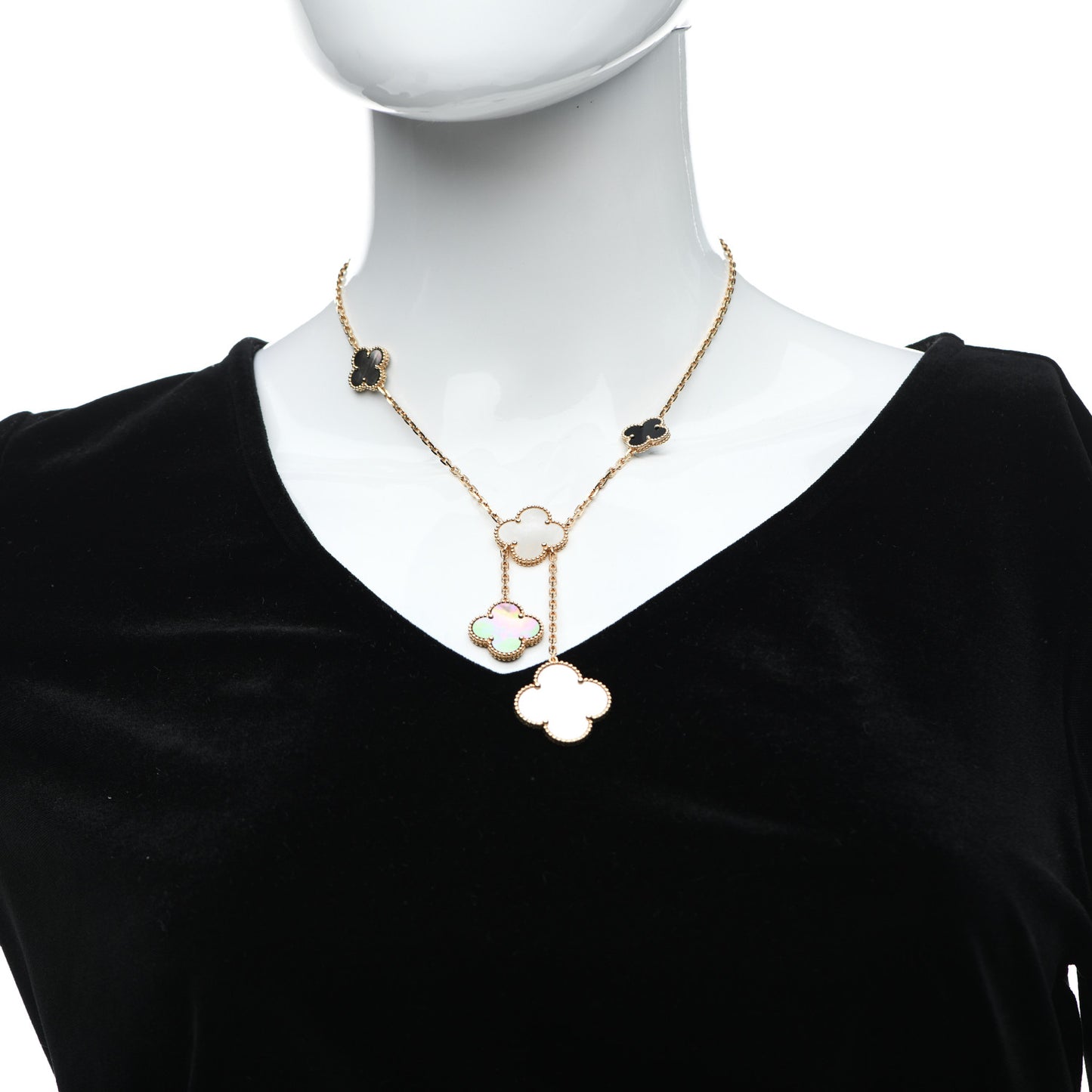 18K Yellow Gold Mother of Pearl Onyx 6 Motifs Magic Alhambra Necklace