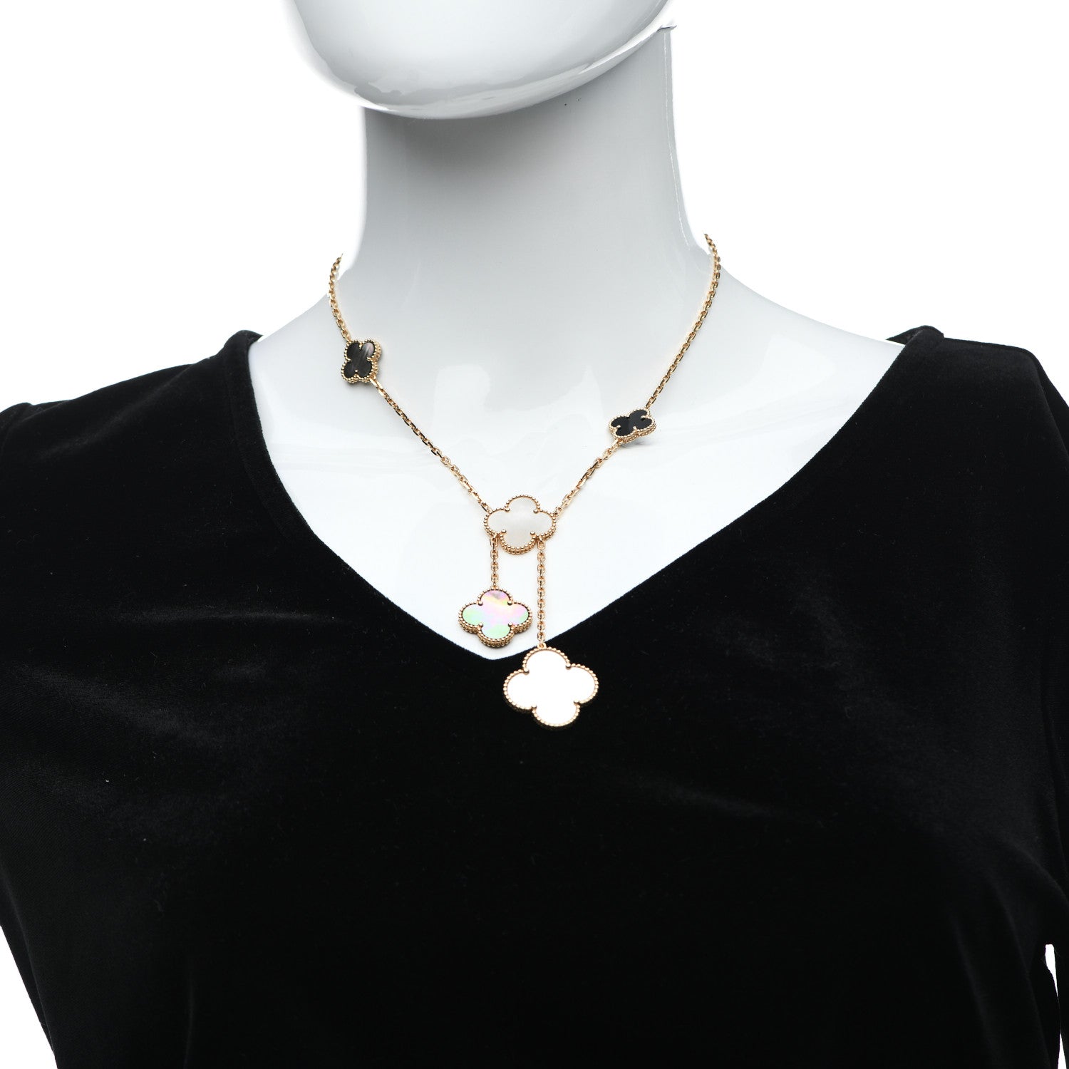 Van Cleef & Arpels 18K Yellow Gold Mother of Pearl Onyx 6 Motifs Magic Alhambra Necklace 2 of 5