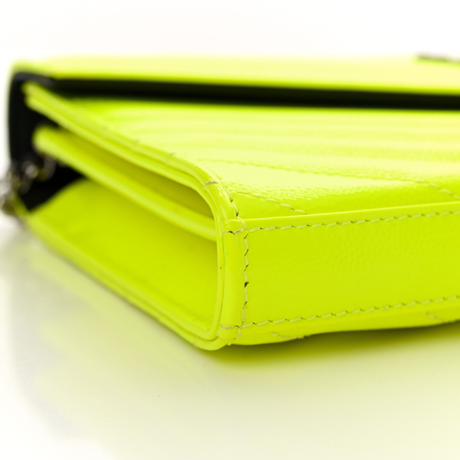 Saint Laurent Patent Grain De Poudre Matelasse Chevron Monogram Chain Wallet Neon Yellow 9 of 10