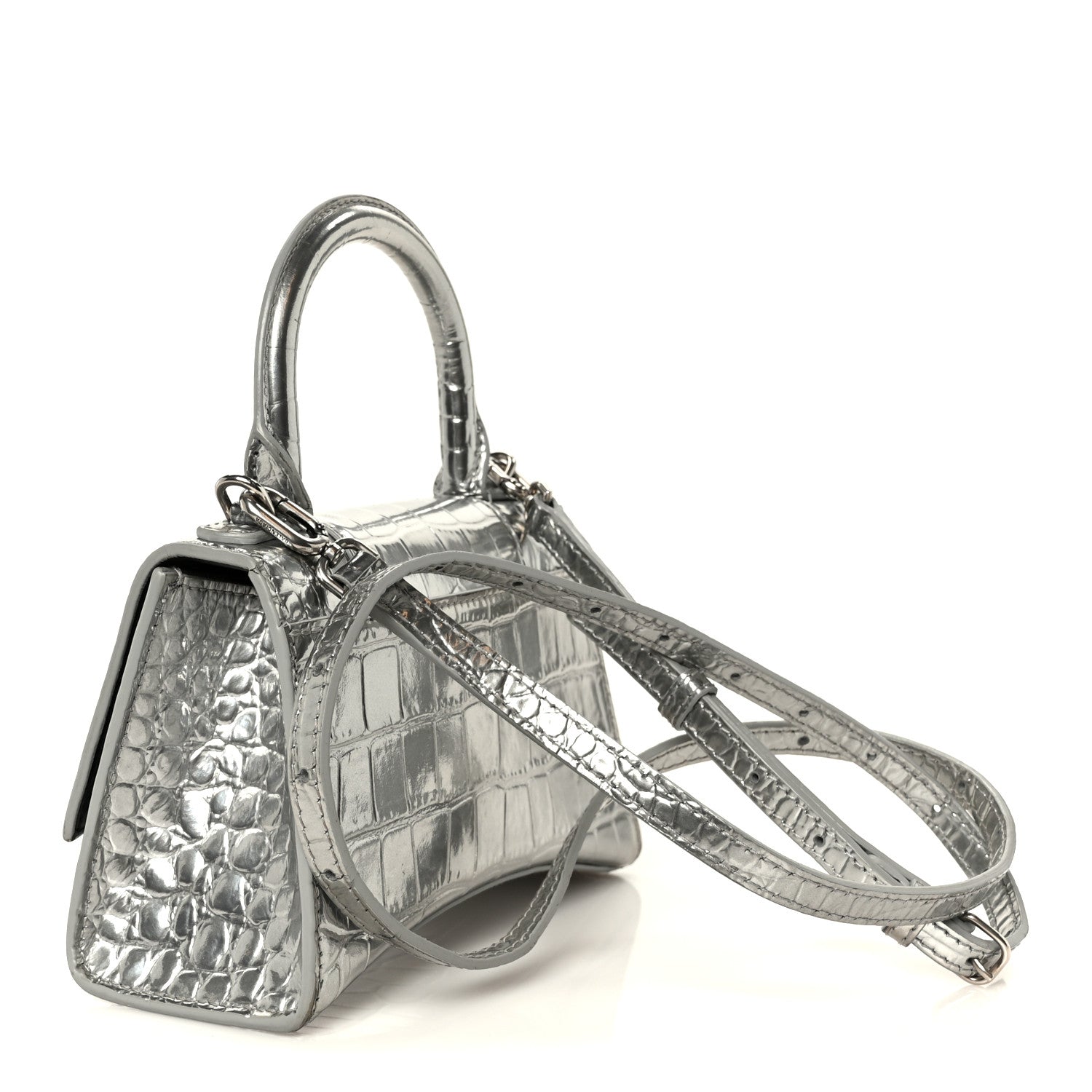 Balenciaga Metallic Calfskin Crocodile Embossed Hourglass Top Handle Bag XS Silver 3 of 11