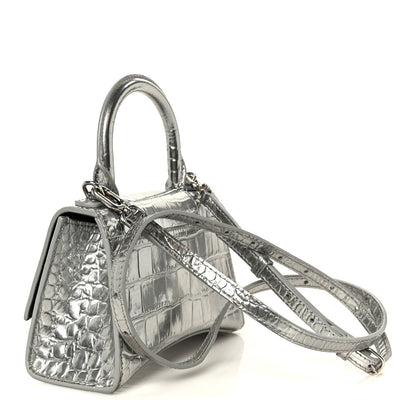 Balenciaga Metallic Calfskin Crocodile Embossed Hourglass Top Handle Bag XS Silver 3 of 11