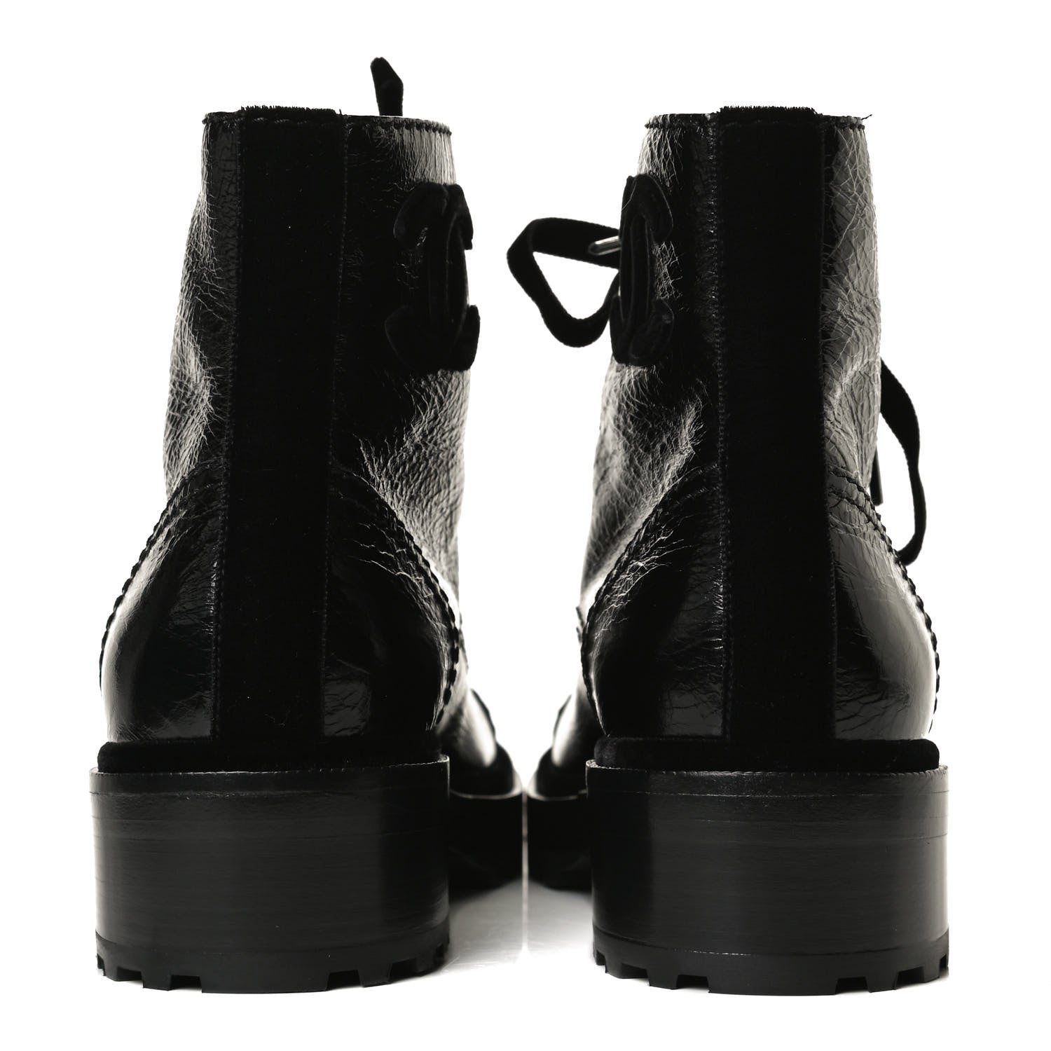 Chanel Shiny Calfskin Velvet Pearl Combat Short Boots 37 Black 6 of 12