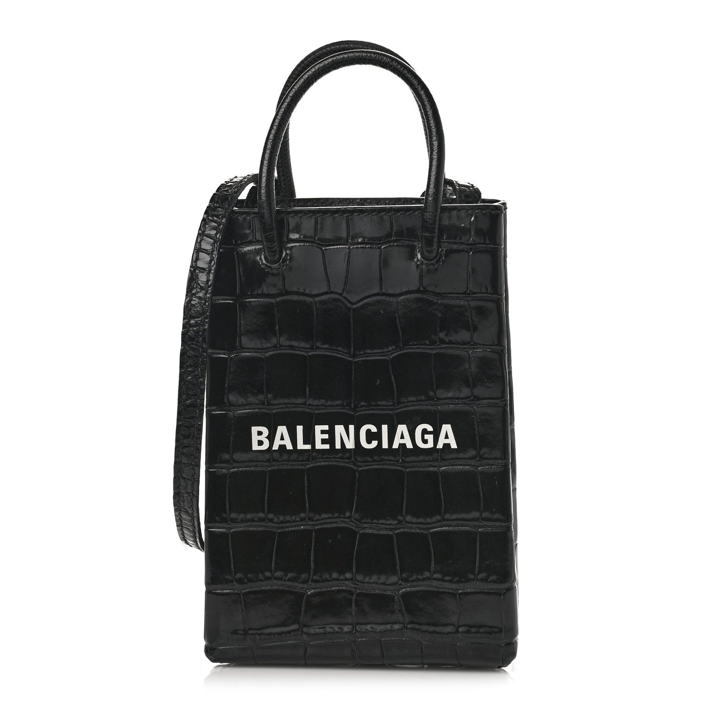 Calfskin Crocodile Embossed Logo Shopping Phone Holder Bag Black