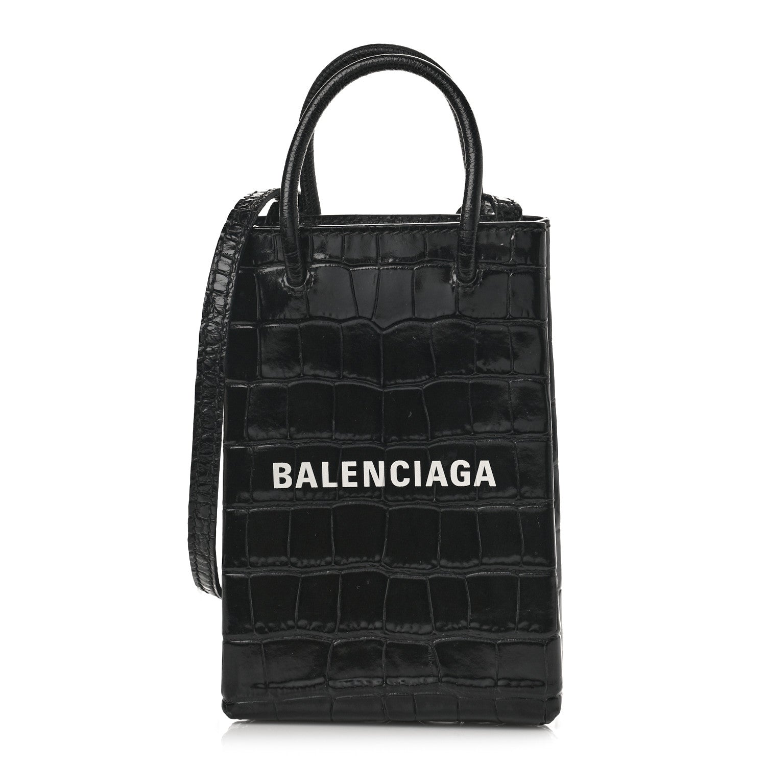 Balenciaga Calfskin Crocodile Embossed Logo Shopping Phone Holder Bag Black 1 of 11