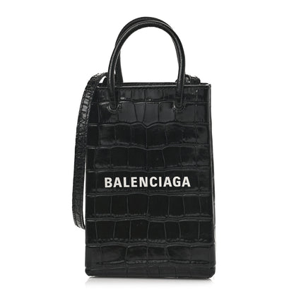 Balenciaga Calfskin Crocodile Embossed Logo Shopping Phone Holder Bag Black 1 of 11