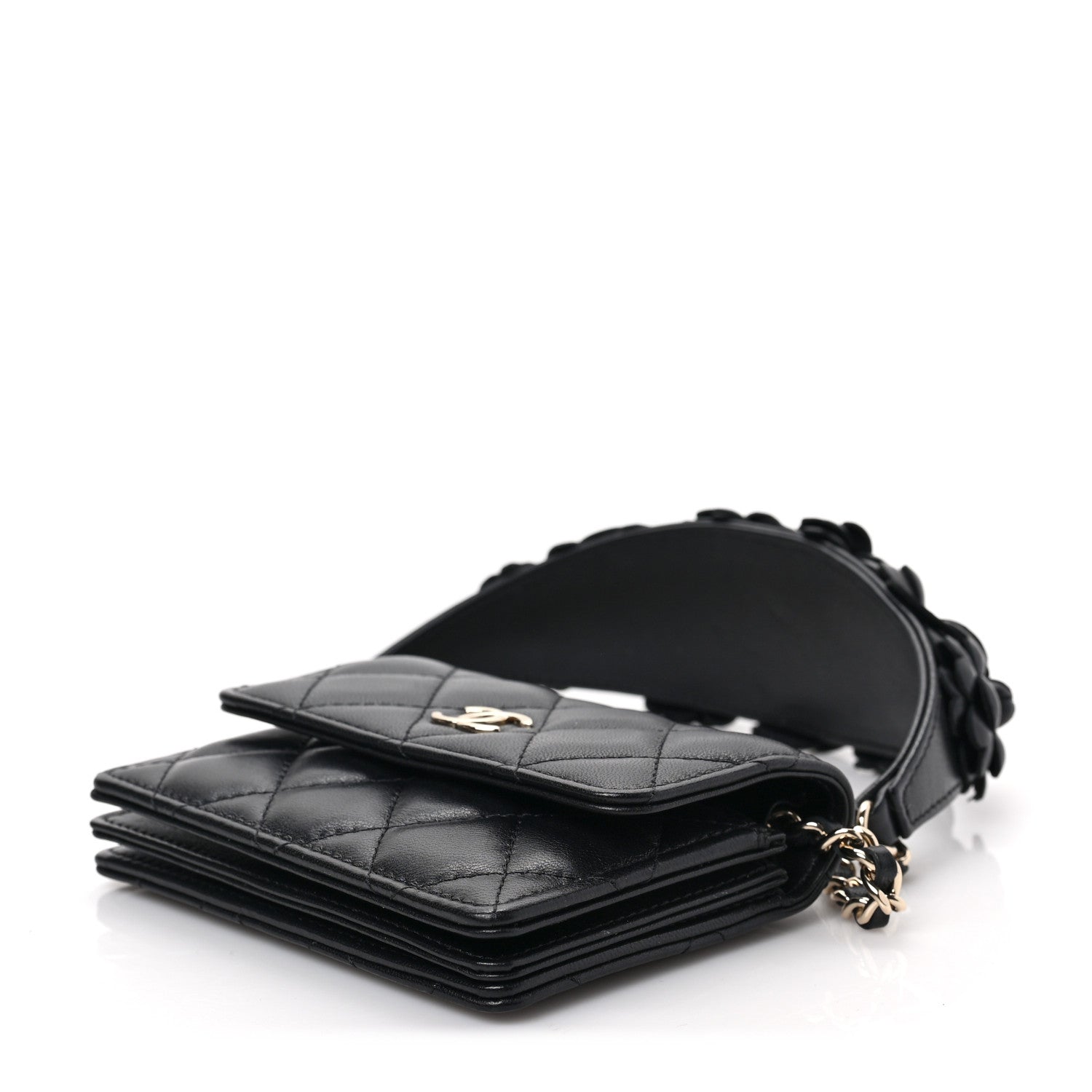 Chanel Lambskin Quilted Camellia Card Holder On Chain Black 9 of 9
