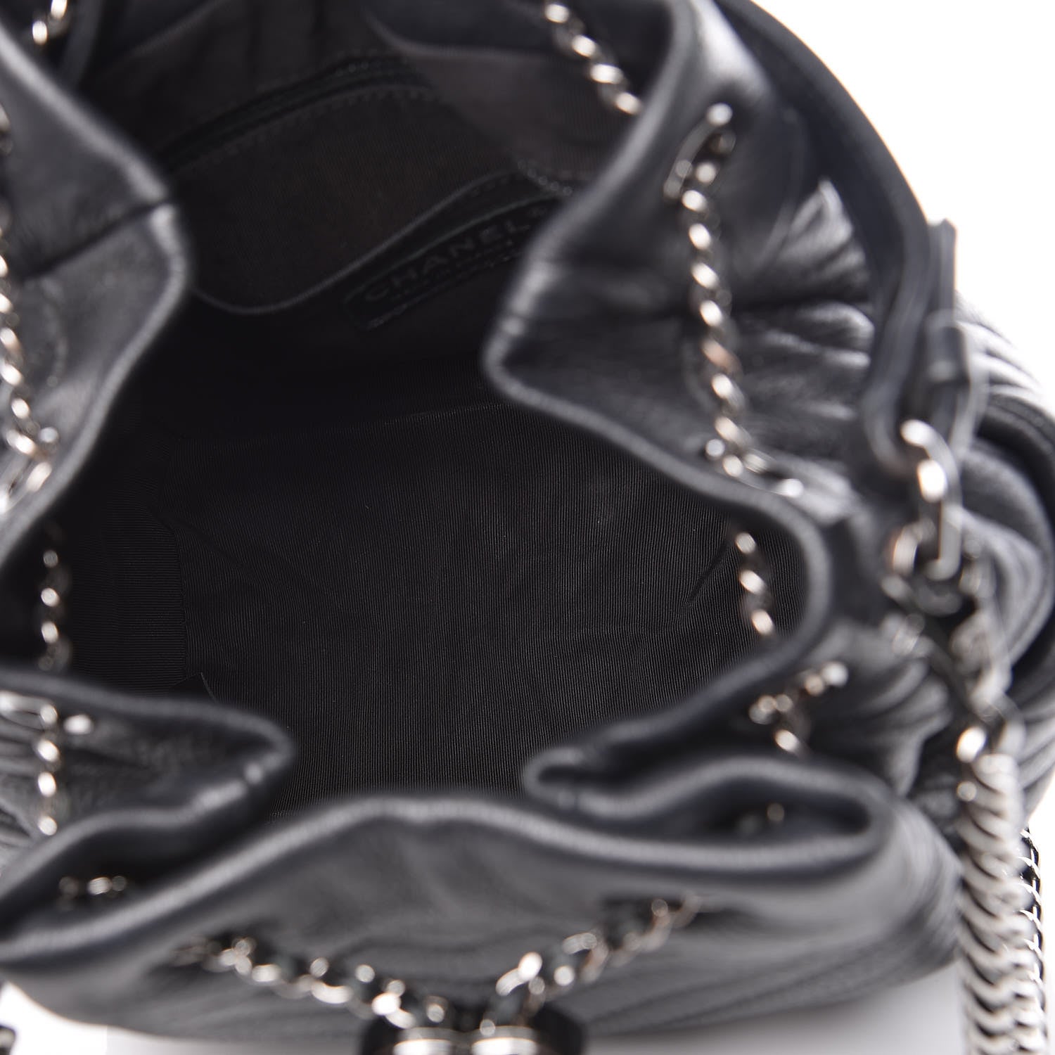 Chanel Deerskin Chevron Small CC Chain Bucket Drawstring Bag Black 5 of 9