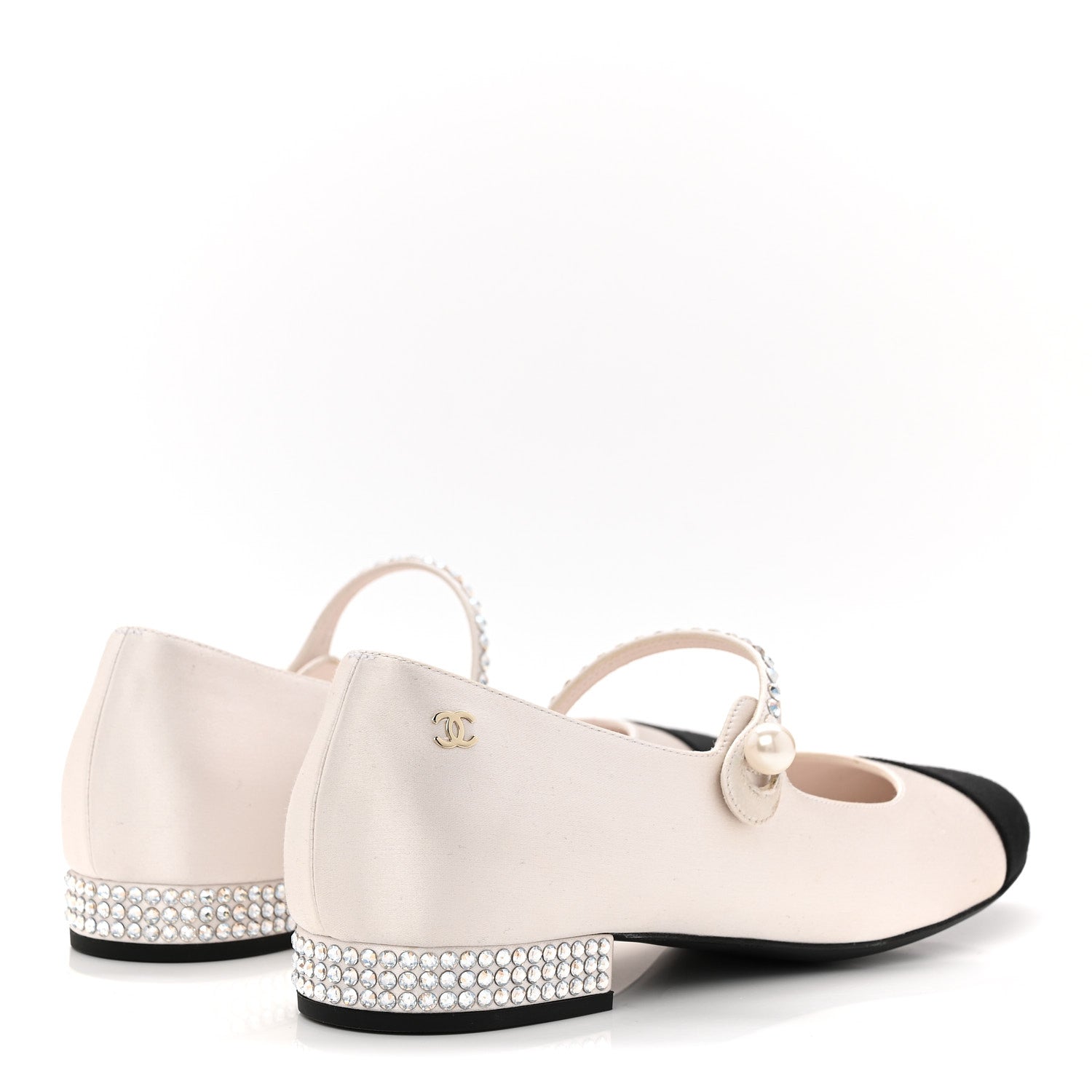 Chanel Strass Satin Grosgrain Mary Jane Flats 38 Ivory Black 5 of 10