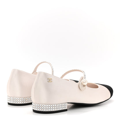 Chanel Strass Satin Grosgrain Mary Jane Flats 38 Ivory Black 5 of 10