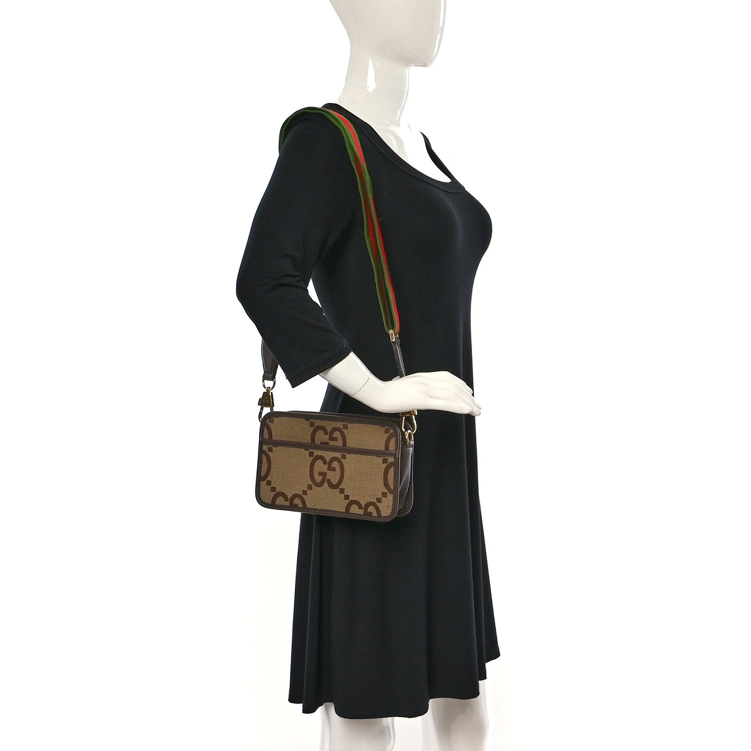 Gucci Monogram Jumbo GG Textured Dollar Calfskin Web Mini Crossbody Bag Camel Ebony New Acero 2 of 9