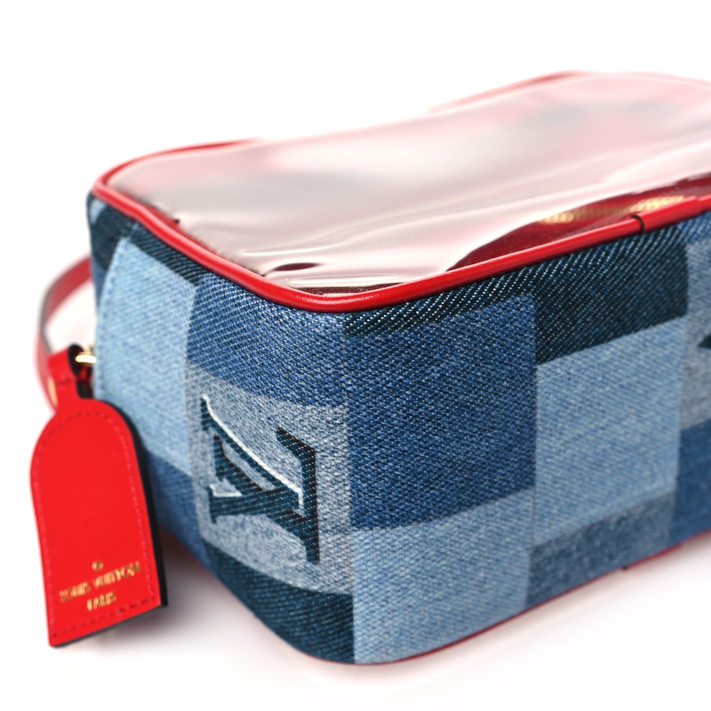 Denim Damier Monogram Patchwork PVC Beach Pouch Blue Rouge