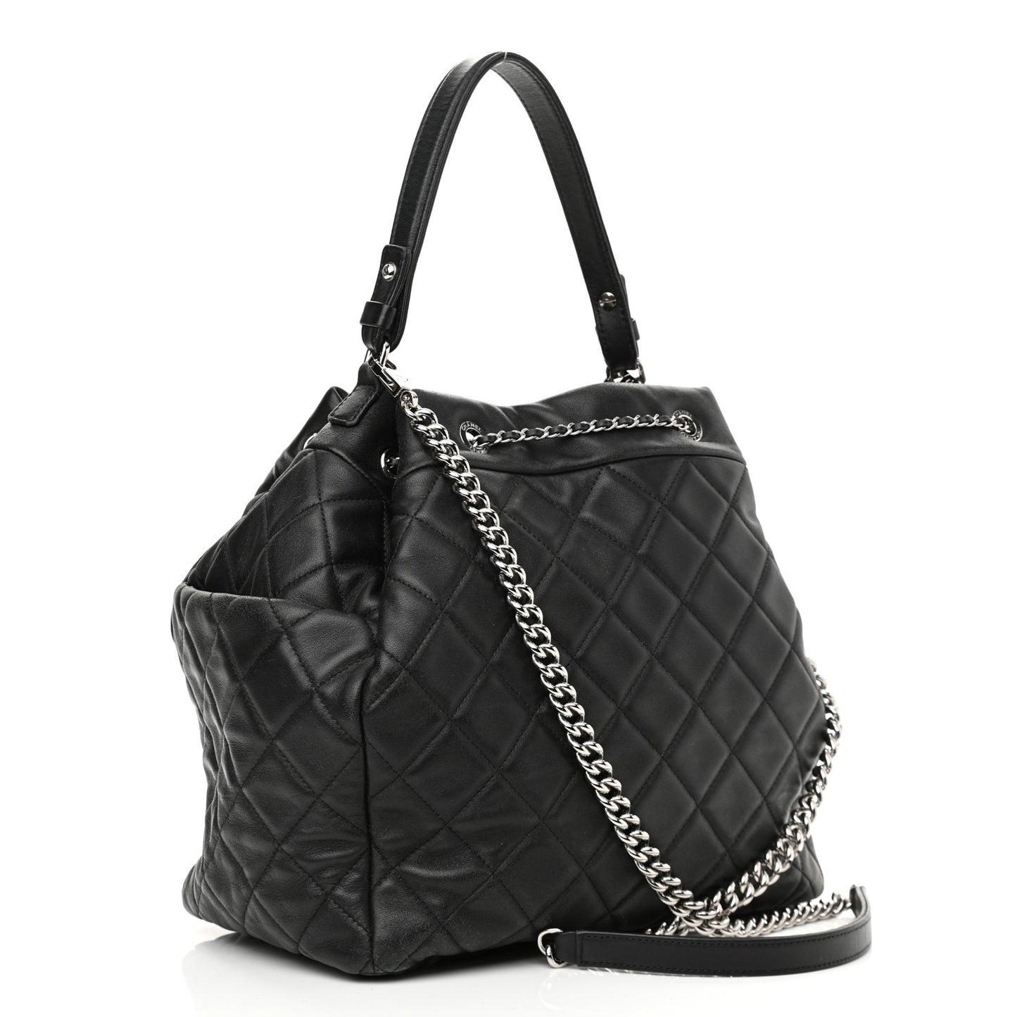 Lambskin Quilted CC Chain Bucket Bag Black