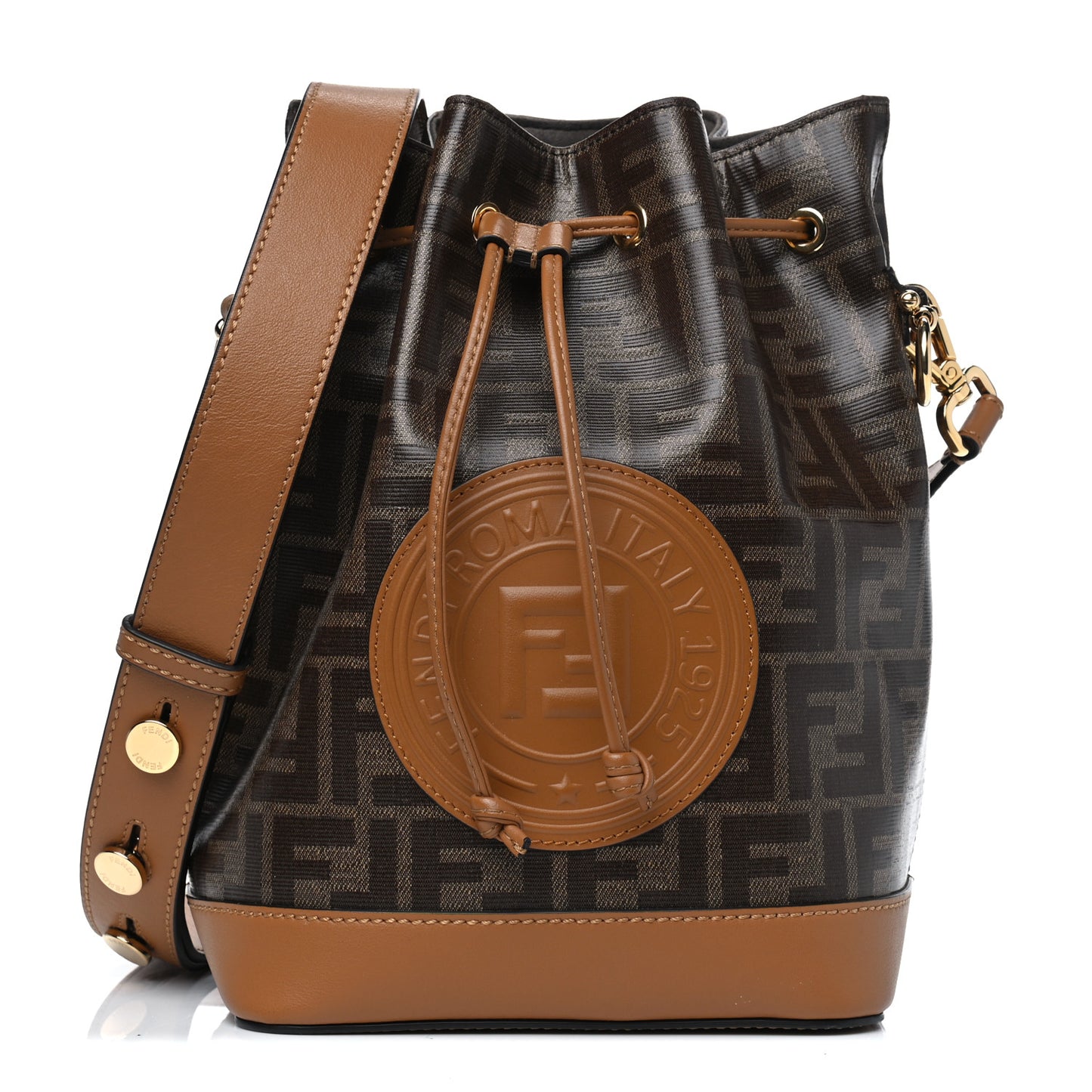 Glazed Fabric Vitello Grace F is Fendi FF 1974 Stamp Patch Grande Mon Tresor Bucket Bag Mogano Panna Nocciola
