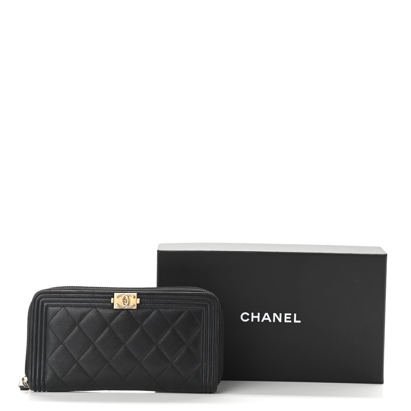 Caviar Quilted Boy Long Zip Around Wallet Black