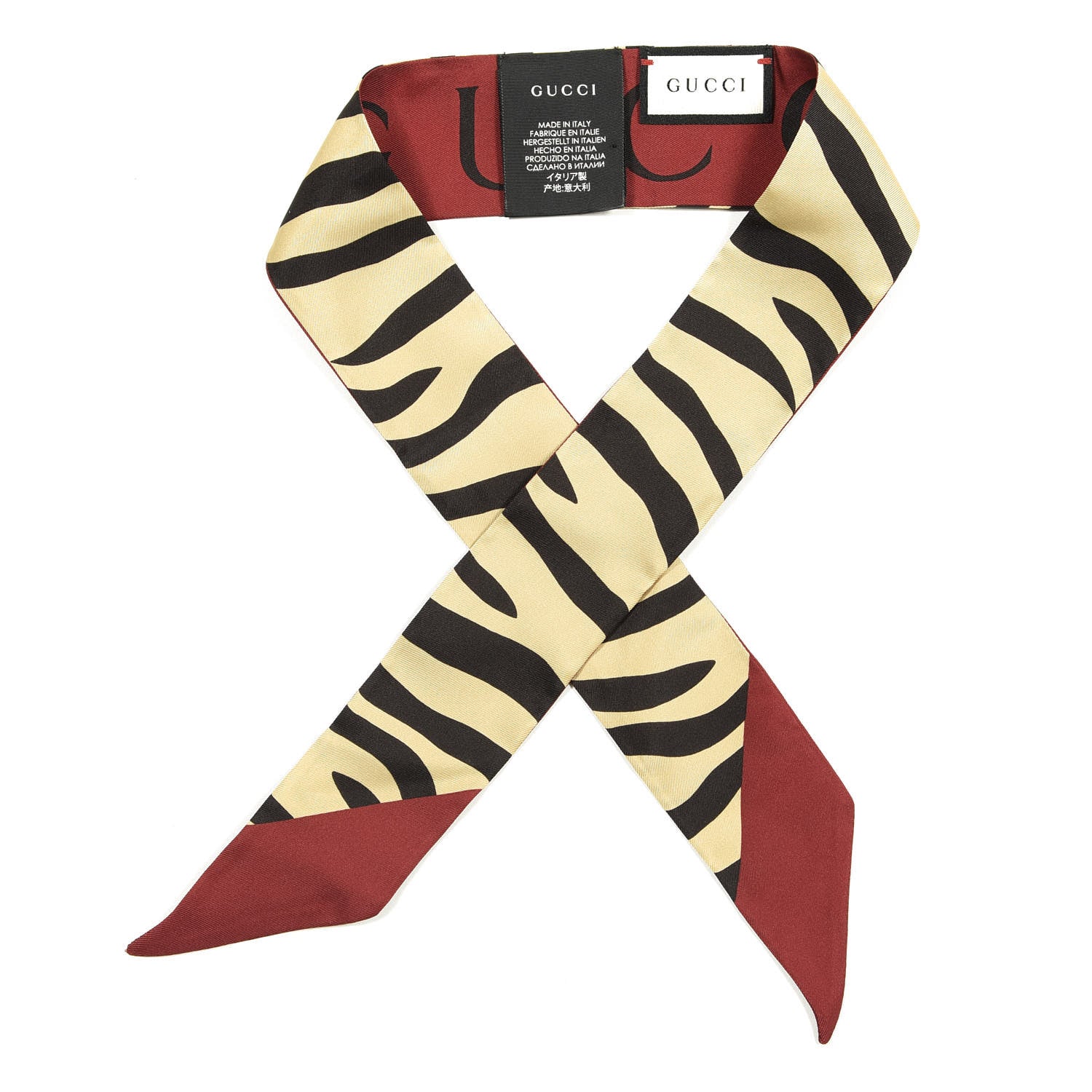 Gucci Silk Twill Tiger Print Logo Neck Bow Scarf Yellow Red 1 of 5