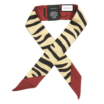 Gucci Silk Twill Tiger Print Logo Neck Bow Scarf Yellow Red 1 of 5