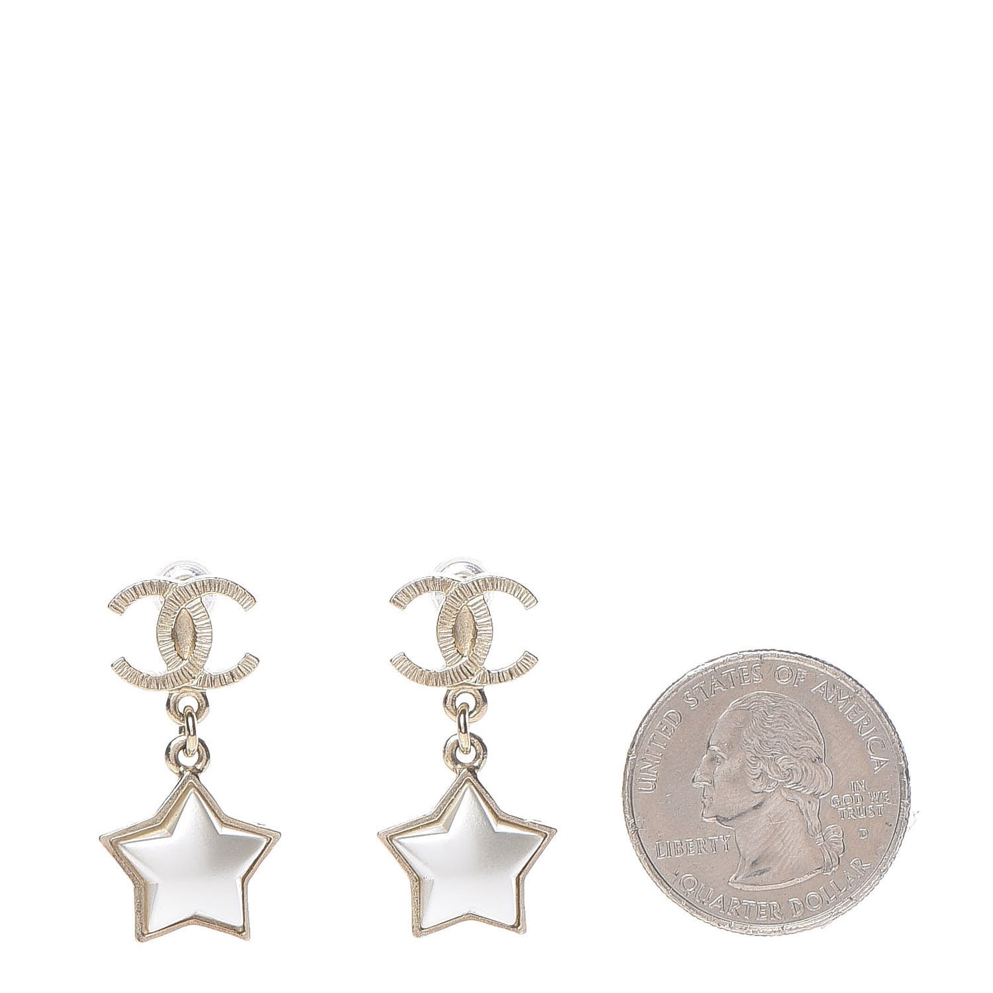 Metal Resin Pearl Star CC Drop Earrings Gold Pearly White