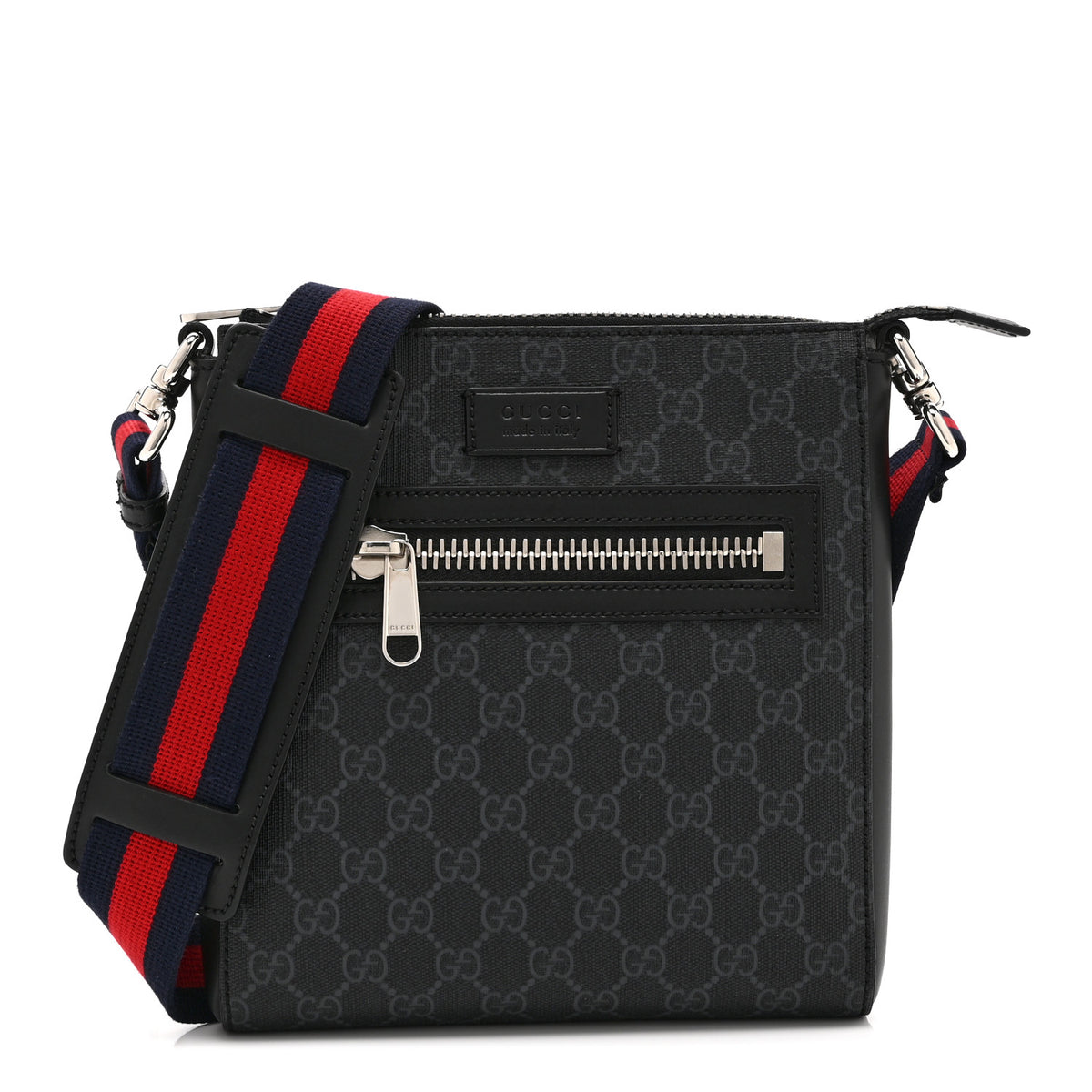 Gucci GG Supreme Monogram Web Small Flat Messenger Bag Black Grey 1 of 10