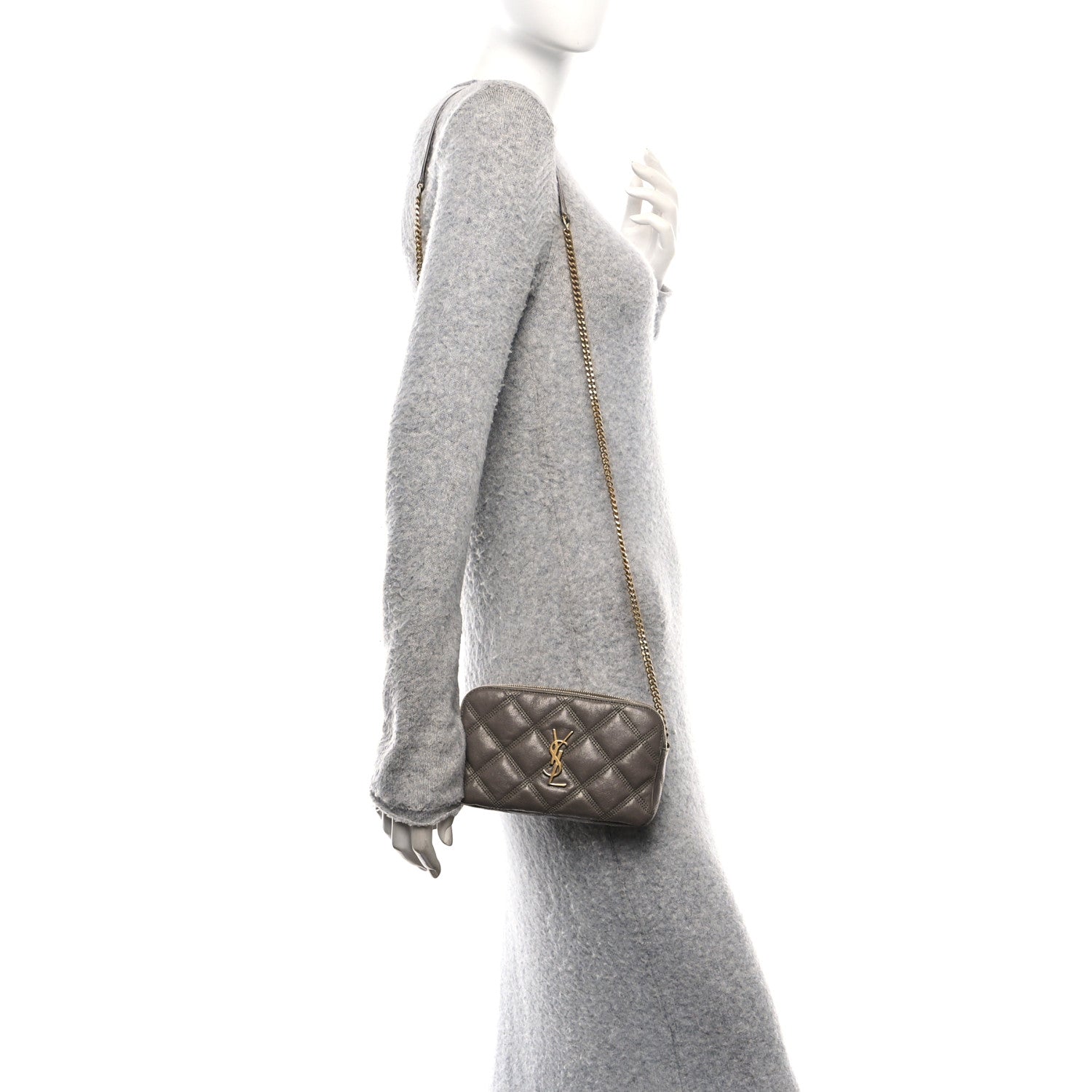 Saint Laurent Grained Lambskin Quilted Mini Becky Double Zip Bag Taupe 2 of 11
